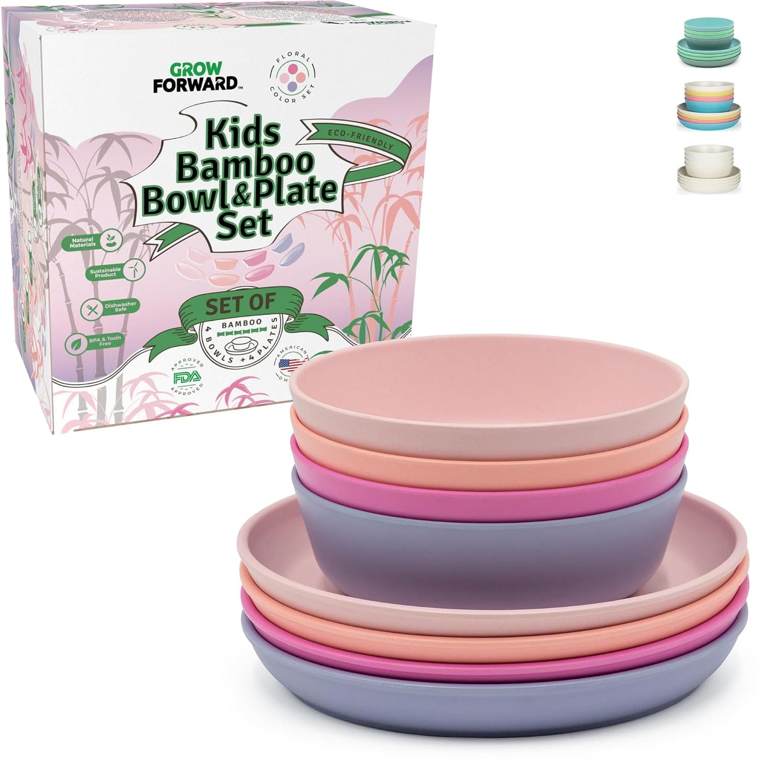 Grow Forward Bamboo Kids Plates and Bowls Set - 4 Bamboo Plates for Kids and 4 Bamboo Bowls for Kids - BPA Free & Dishwasher Safe - Eco Friendly Reusable and Biodegradable Childrens Dishes - Floral