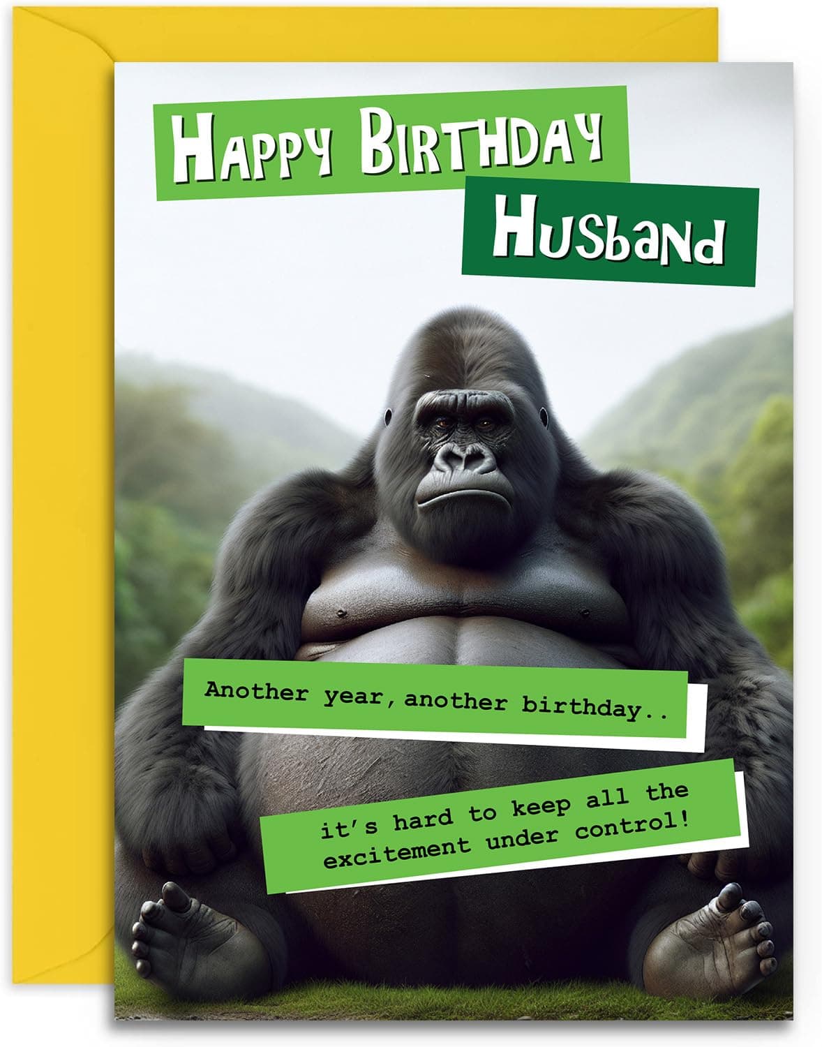 Funny Husband Birthday Card - Grumpy Gorilla Design for Him - Fun Happy Birthday Card for Husband - A5 Size Card with Yellow Envelope