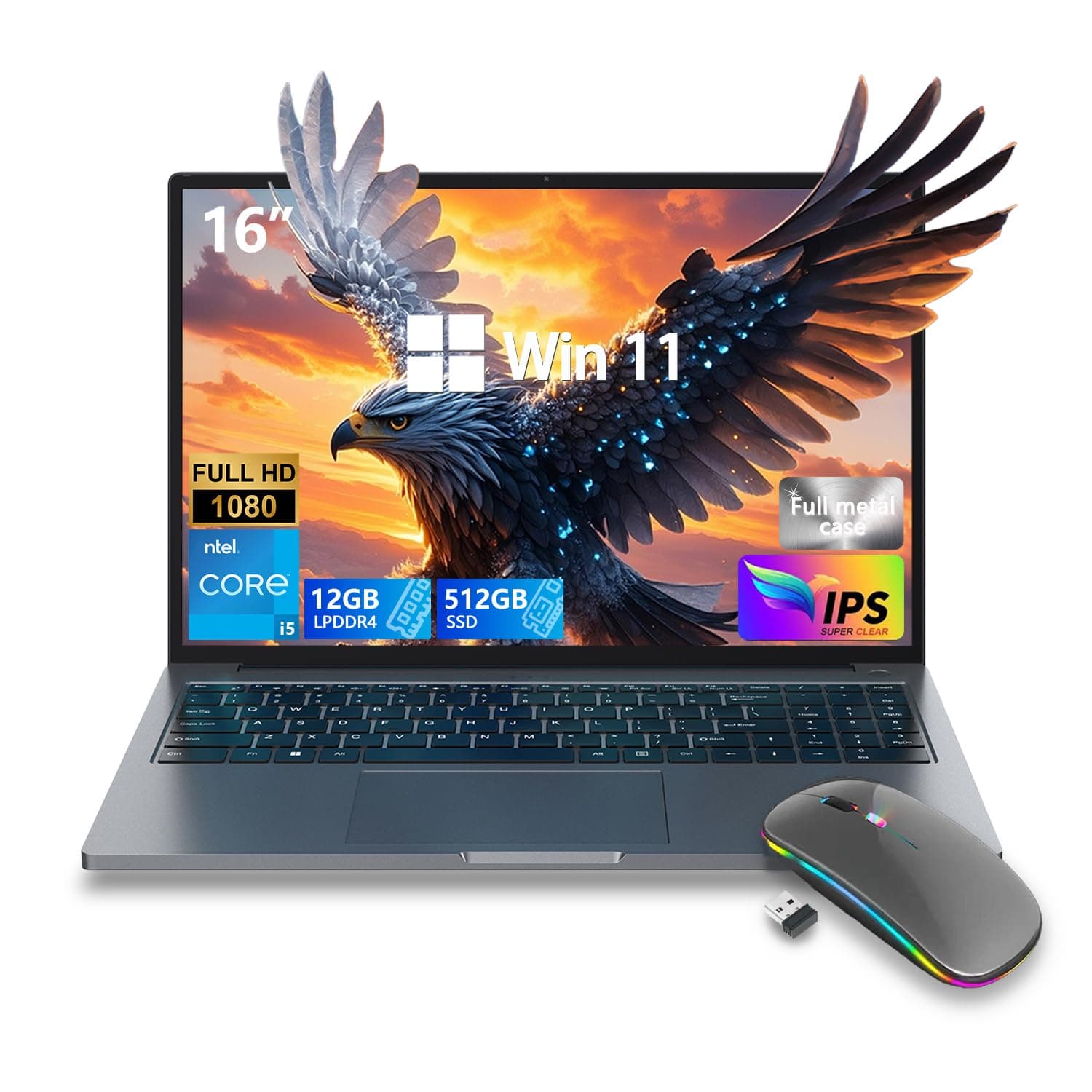 ZOLWAYTAC Gaming Laptop 16" Ultra-Slim-Intel Core i5(Up to 3.5GHz),12GB DDR4+512GB SSD,1920x1200 IPS 16:10 Display,WiF& BT,HDMI/Type-C,Aluminum Body for Working&Playing,Suitable for Light Gaming,Gray