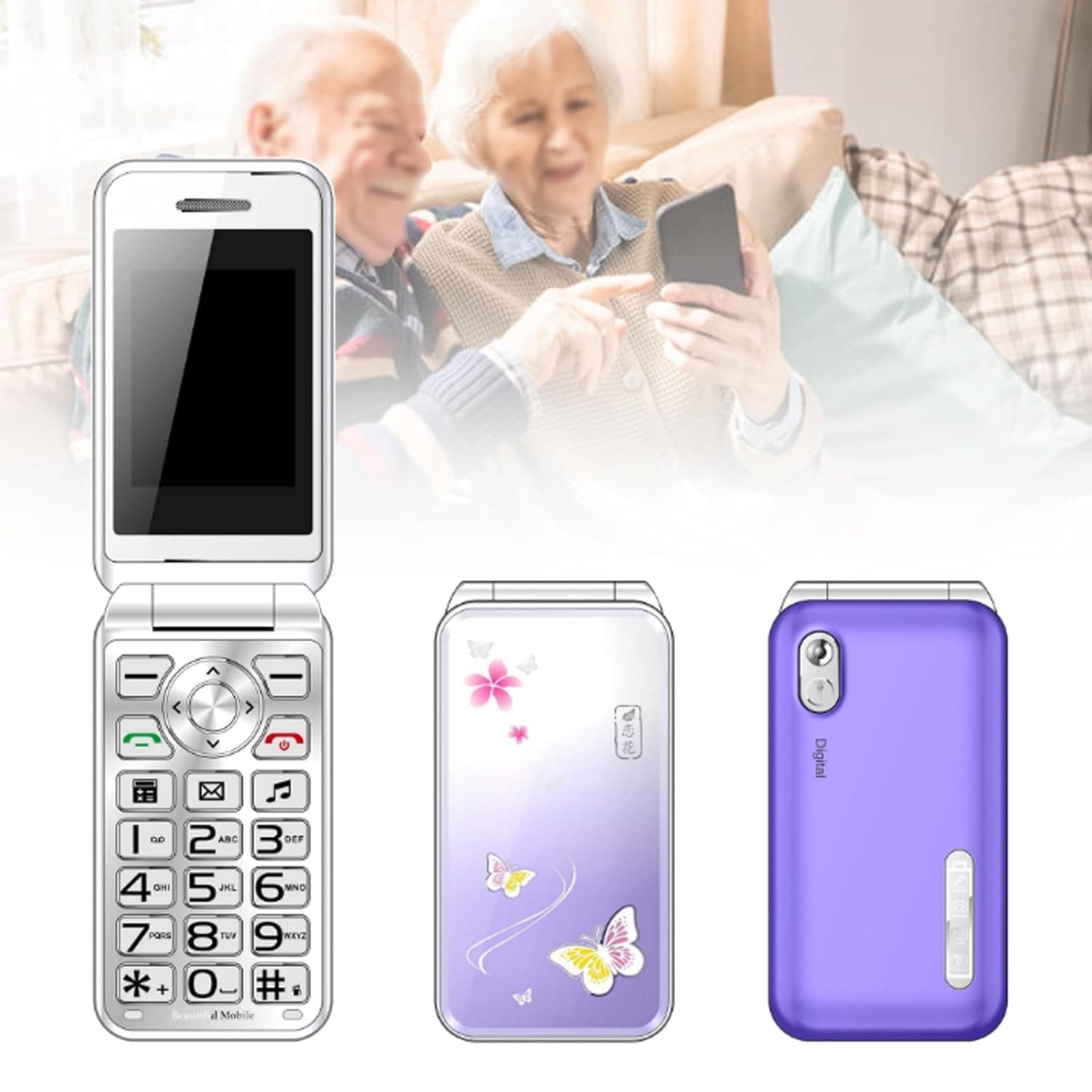 Basic Mobile Phones for the Elderly and Kids, Unlocked Dumb Phones, Cell Phones Without Internet - with Big Buttons, MP3, MP4, Camera, Flashlight, SOS,Purple