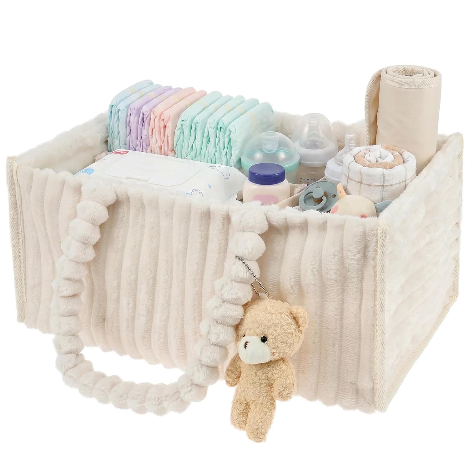 Nappy Caddy Organiser Plush Baby Storage Box with Bear Pendant (White)