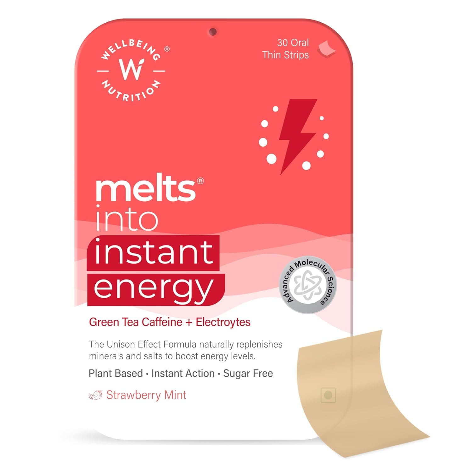 Wellbeing Nutrition Melts Instant Energy, 100% Plant Based Green Tea Caffeine, Essential Electrolytes and Vitamins for Endurance, Sports Hydration, Pre Workout Energy Boost - 30 Oral Thin Strips