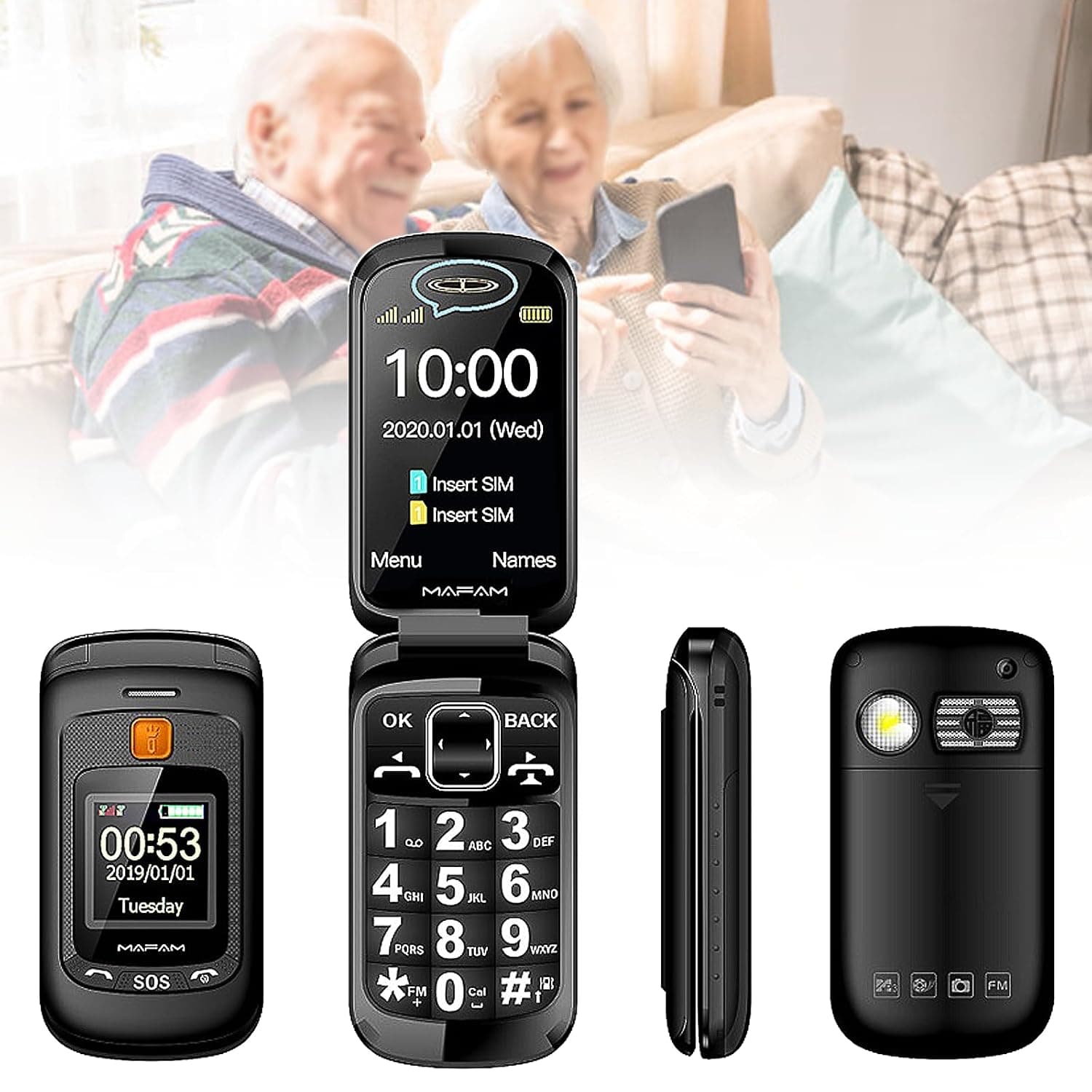 Basic Mobile Phones for the Elderly and Kids, Unlocked Dumb Phones, Cell Phones Without Internet - with Big Buttons, MP3, MP4, Camera, Flashlight, SOS,Black