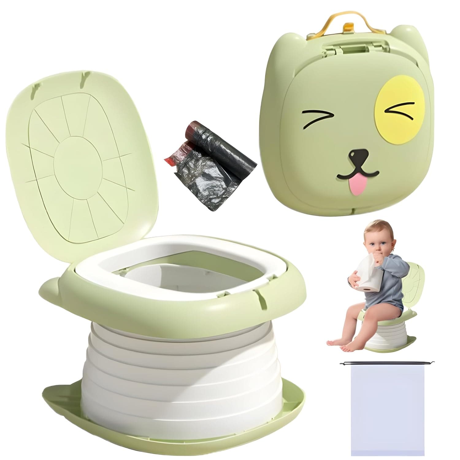 Foldable Potty, Portable Potty for Toddler Travel - Portable Toilet for Kids, Car Potty for Emergency, Ideal for Camping, Indoor & Outdoor Use with 15 Replacement Bags (green)