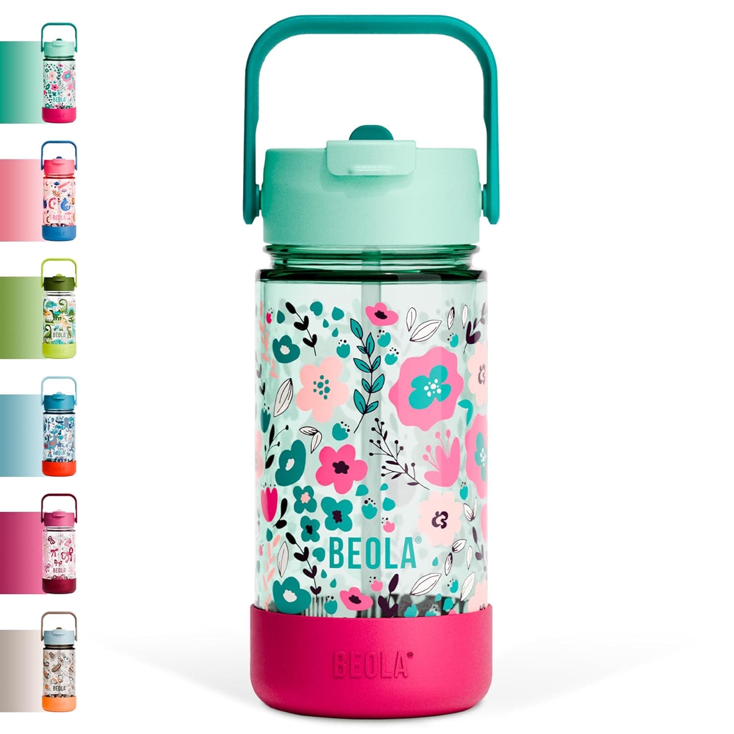 BEOLA 500ml Kids Water Bottle with Straw Lid and Silicone Protective Boot, Tritan Plastic, BPA BPS FREE Leak Proof and Drop Resistant Kids Water Bottles for School (Ever Blooming)