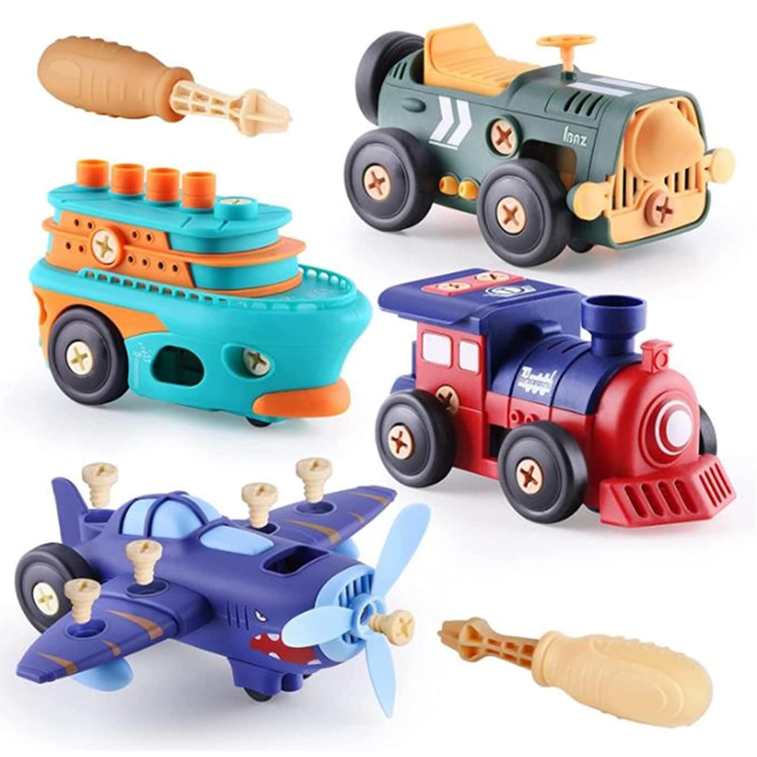 Soofam Take Apart Toy Vehicle Playset, Kids Assembly Build Set W/Screwdriver, Electronic Motor Car Boat Airplane Train, STEM Building Learning Game, Kids Educational Toys Car Construction Set