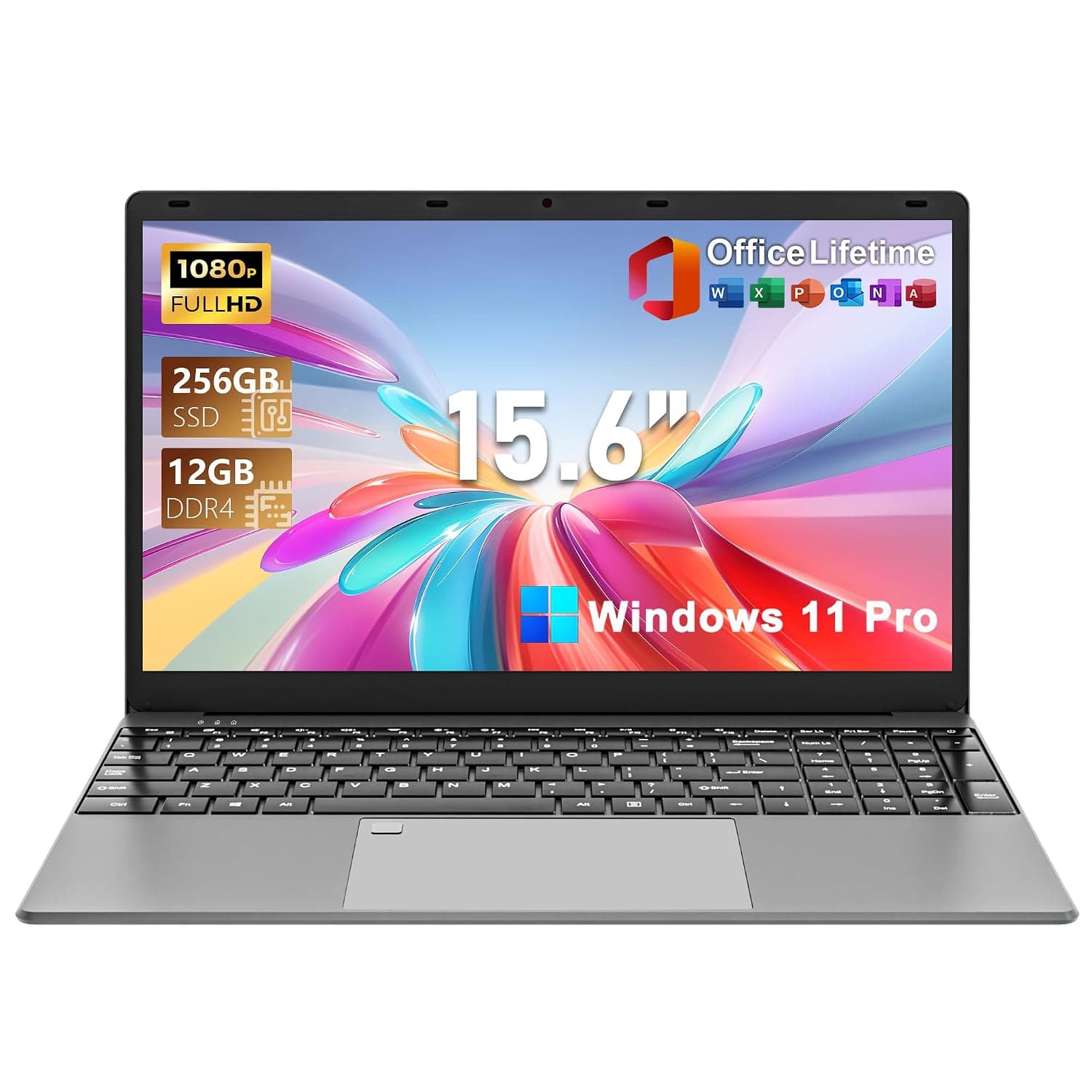 2026 15.6 Inch FHD IPS Laptop for Business and Home, 12GB RAM, 256GB SSD, Intel 5205U Processor, Backlight Keyboard, Fingerprint, Numeric Keyboard, Camera, USB, Win 11 Pro, w/Office Lifetime License