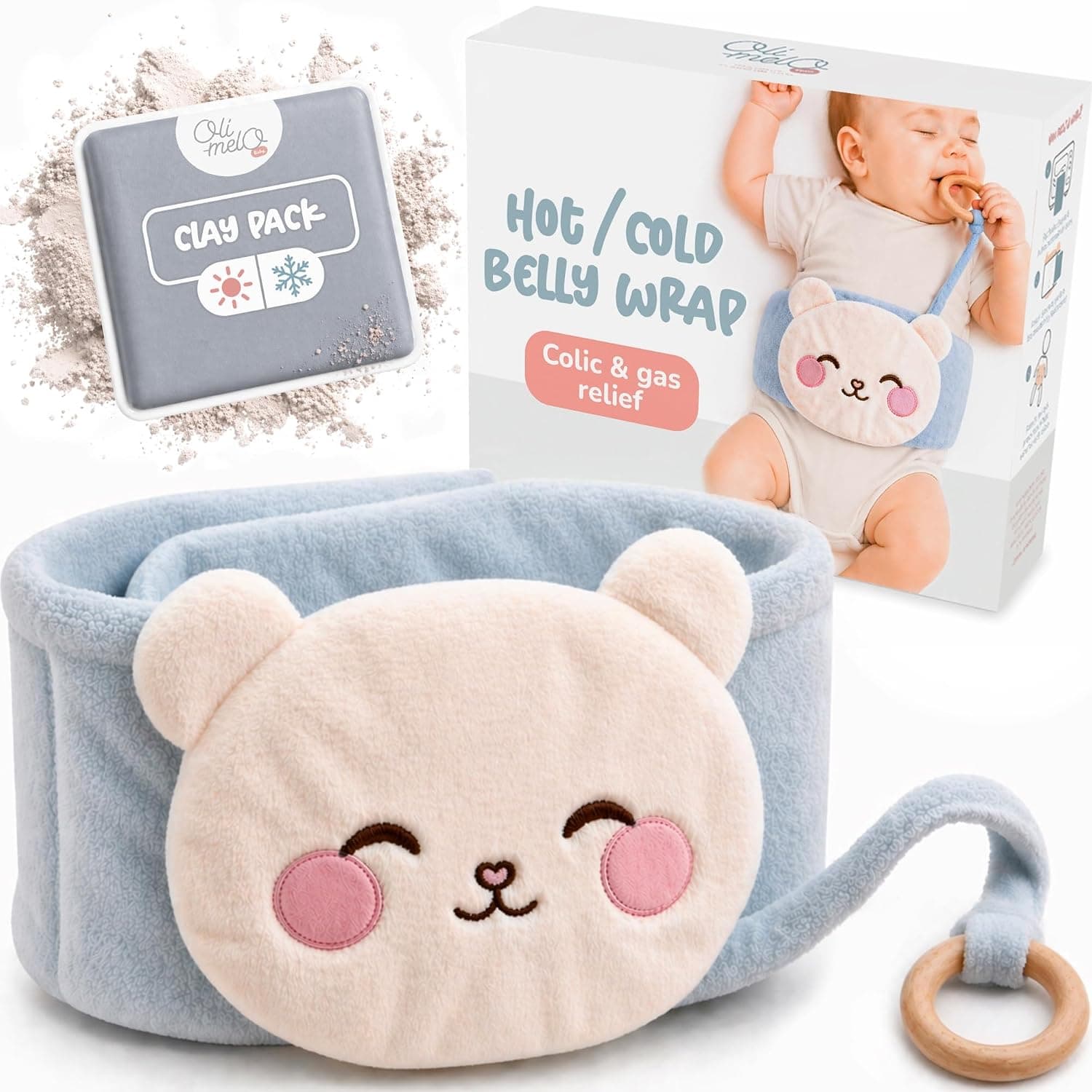 Baby Belly Band Colic & Gas Relief for Infants - Baby Heating Pad with Natural Clay Pack for Constipation Ease & Colic Baby Relief - Wooden Teether Included - Tummy Wrap for Fussy Newborn