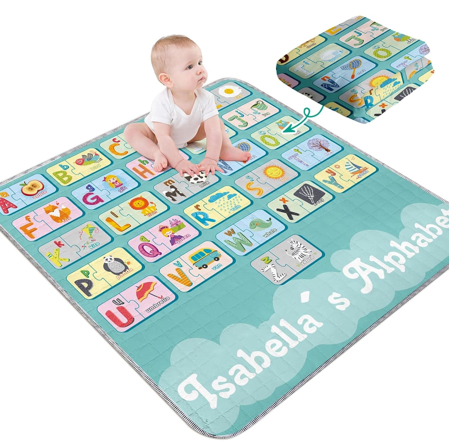ABC Play Mat for Baby Custom Name Foldable Crawling Mat for Toddler Kids, Infant Rug for Floor Tummy Time, Soft Washable Baby Non-Slip Activity Mat Nursery Decor Baby Gift(43"x 43")