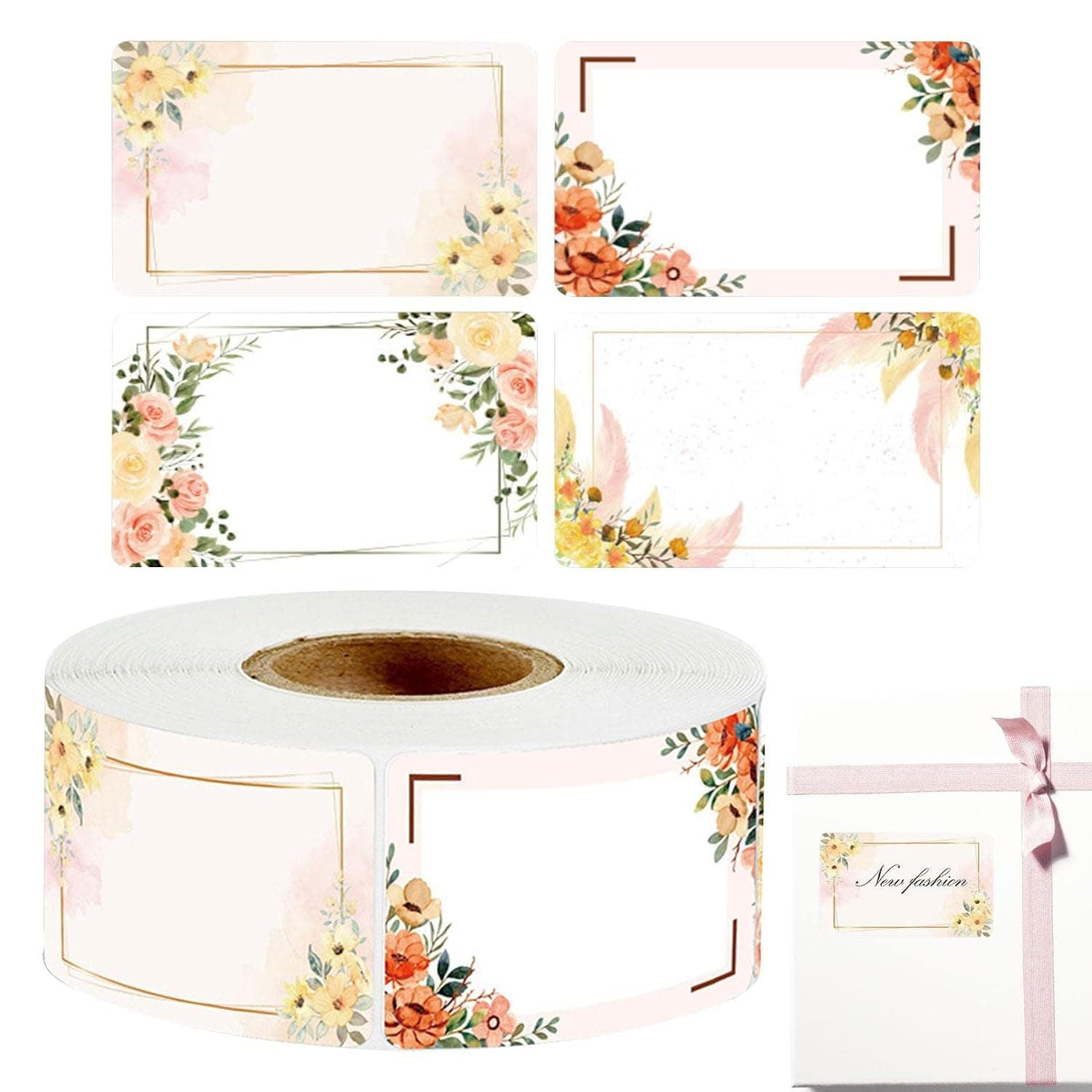 Roll of Stickers - Gift Wrapping Bag Stickers with Flower Pattern | Tag Sticker Labels for Jelly Jar, Canning, Mason Jars, and More, with Blank Area for Writing