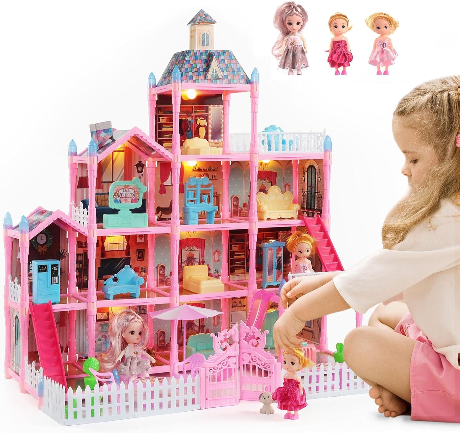 Doll House for Girls,13 Rooms Dollhouse with Dolls Figure, Puppies,Furnitures, Accessories, LED Light, Toddler Playhouse Gift for for 3 4 5 6 7 8 9 10 Year Old Girls Toys