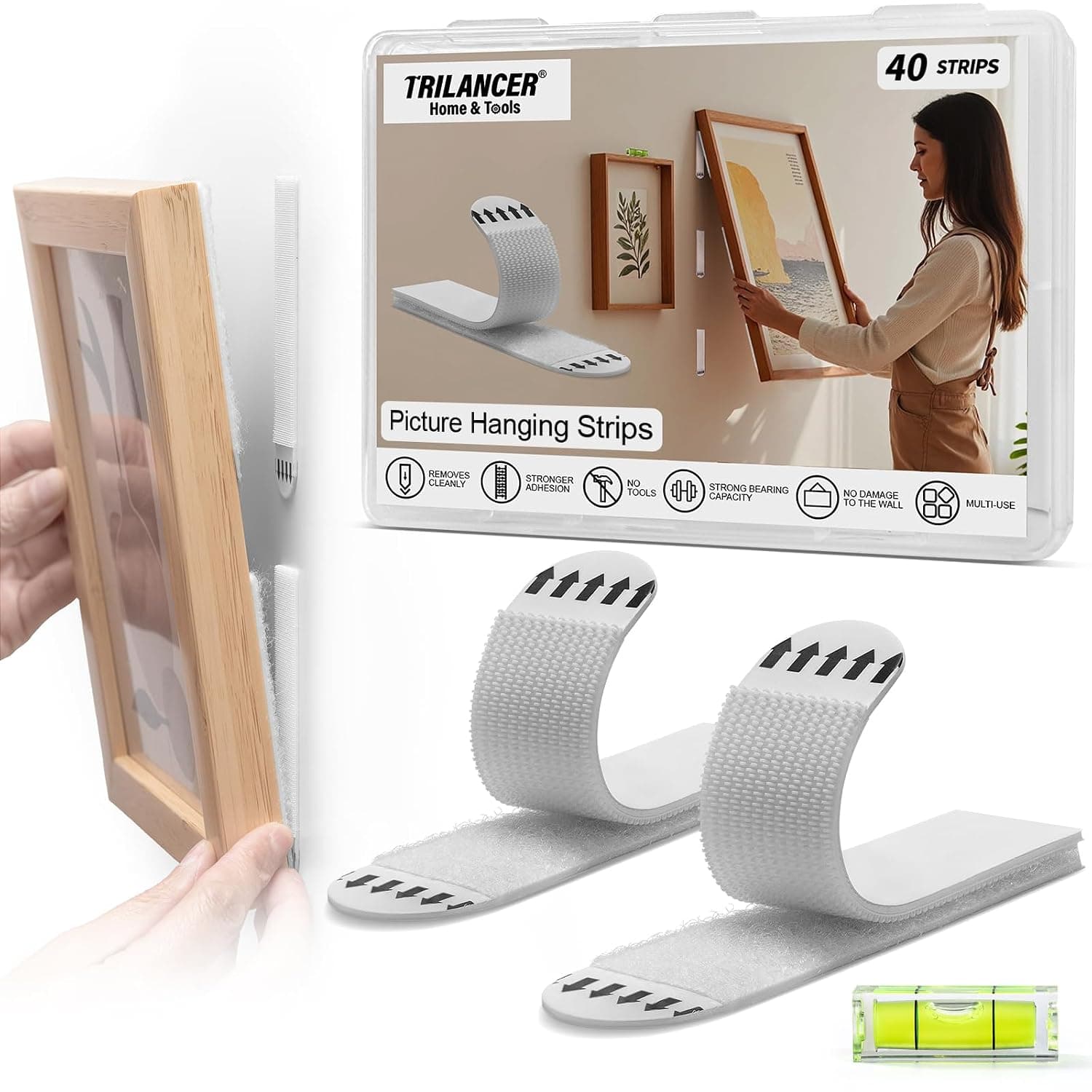 Picture Hanging Strips Heavy Duty,Trilancer 20 Pairs(40 Strips),Damage-Free | Adhesive Wall Hanging for Picture Frames, Wall Art & Decor. No Nails or Tools Needed, Clean Removal for Smooth Surfaces