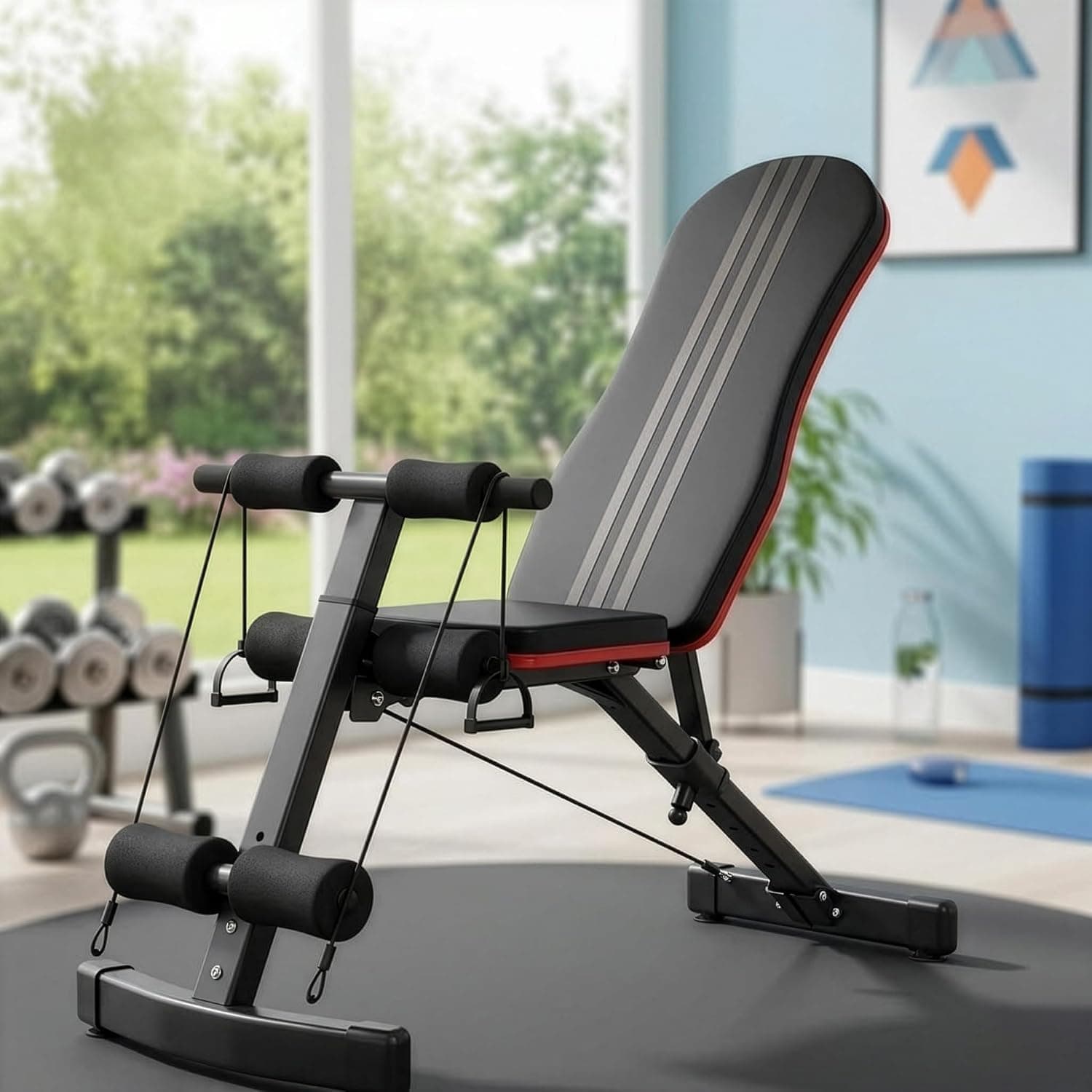 Adjustable Folding Weight Bench Multifunctional Exercise Bench, Multi-Position Incline Angle Sports Bench with Armrest and Resistance Bands Durable Steel Construction for Home Workout