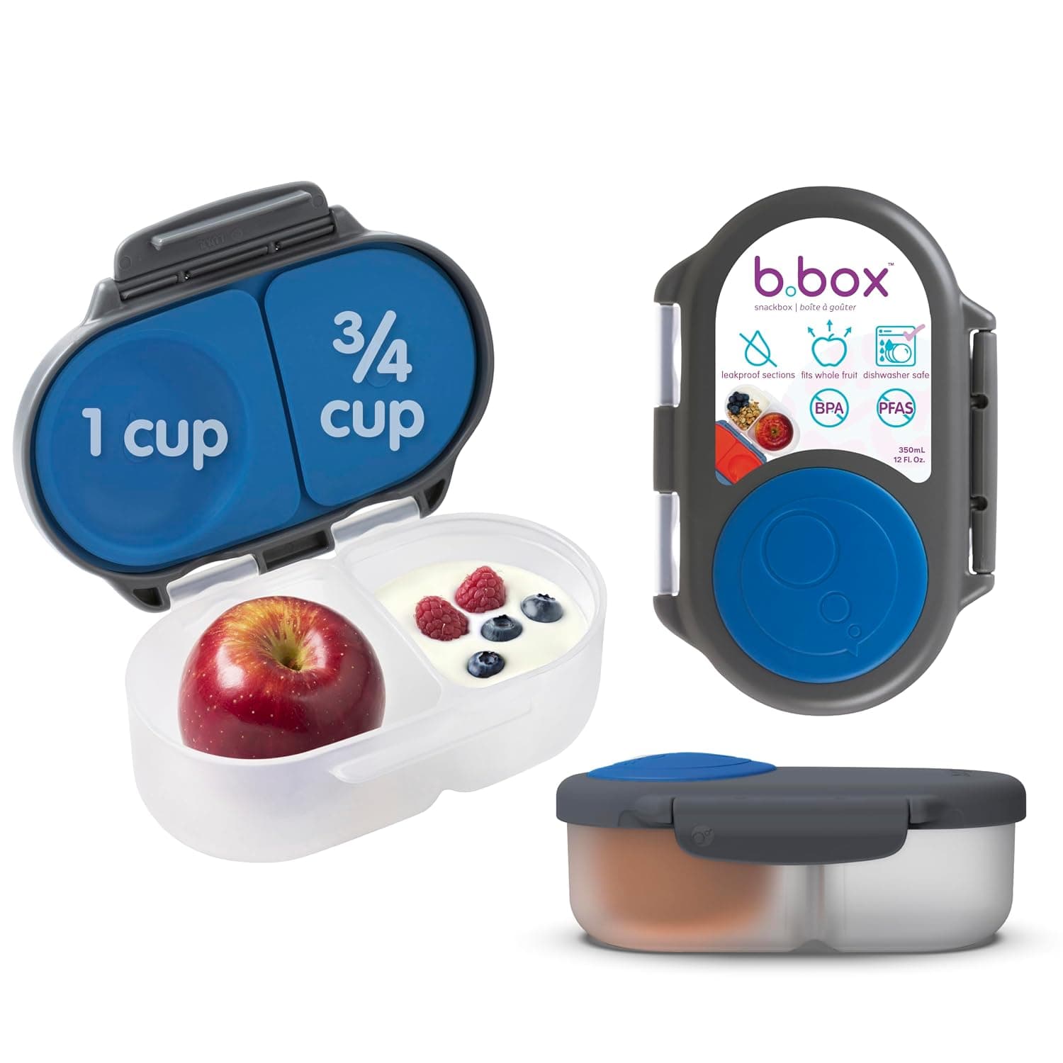 b.box Snackbox | Mini Bento Lunch Box with 2 Leakproof Compartments | Ideal for Toddlers, Kids Lunch & Snacks | Fits Whole Piece of Fruit | BPA Free | 1 3/4 Cup Bento Box for Kids, Lunch Containers, Leak Proof, Dishwasher Safe, BPA Free, PFAS Free, Ages 4m+ — Blue Slate