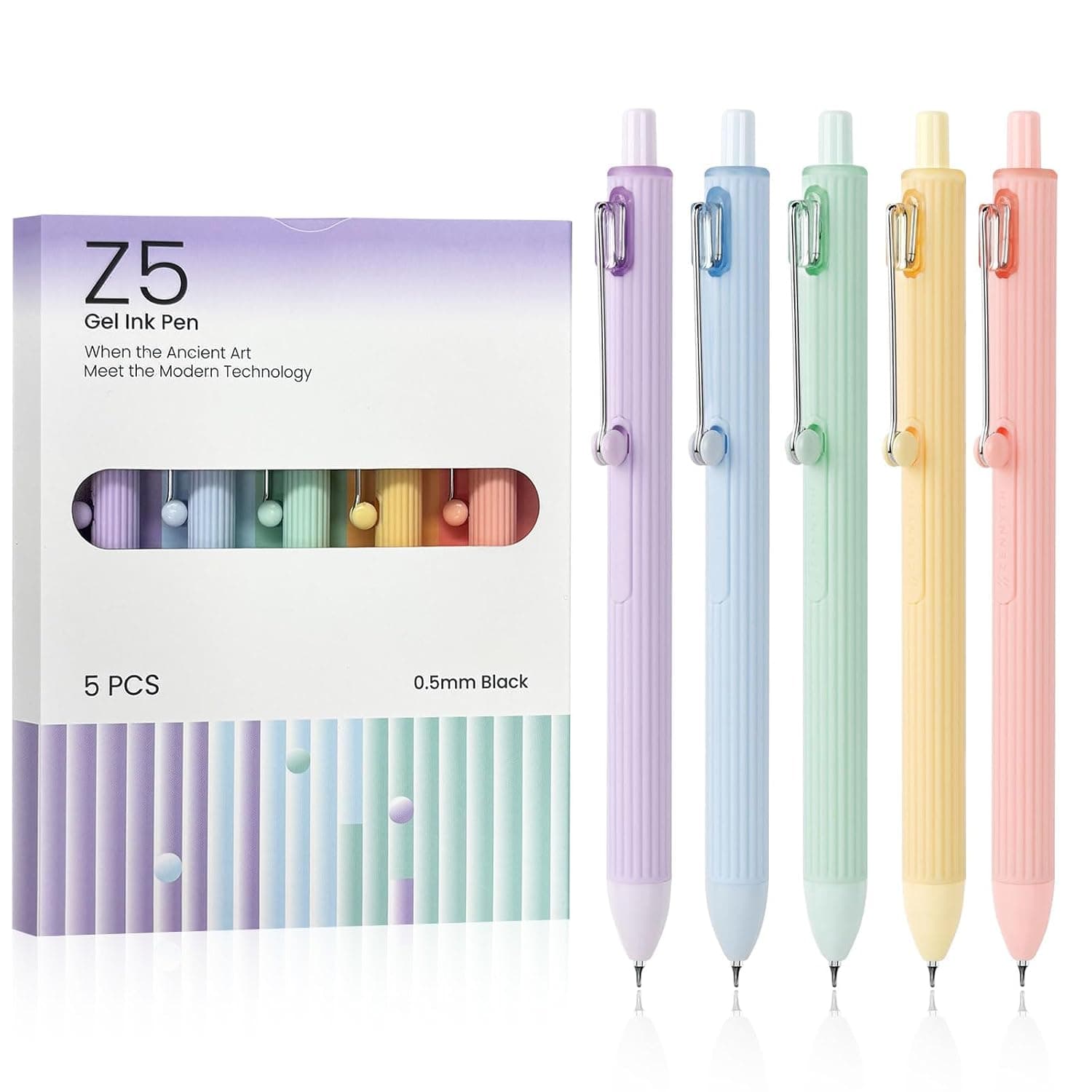 Gel Pens Set, 5 PCS 0.5mm Fine Point Smooth Writing Black Ink Pen, Aesthetic Stationery with Rolling Clip and Geometric Barrel, Quick Dry Journaling Supplies for Women School Office Gifts