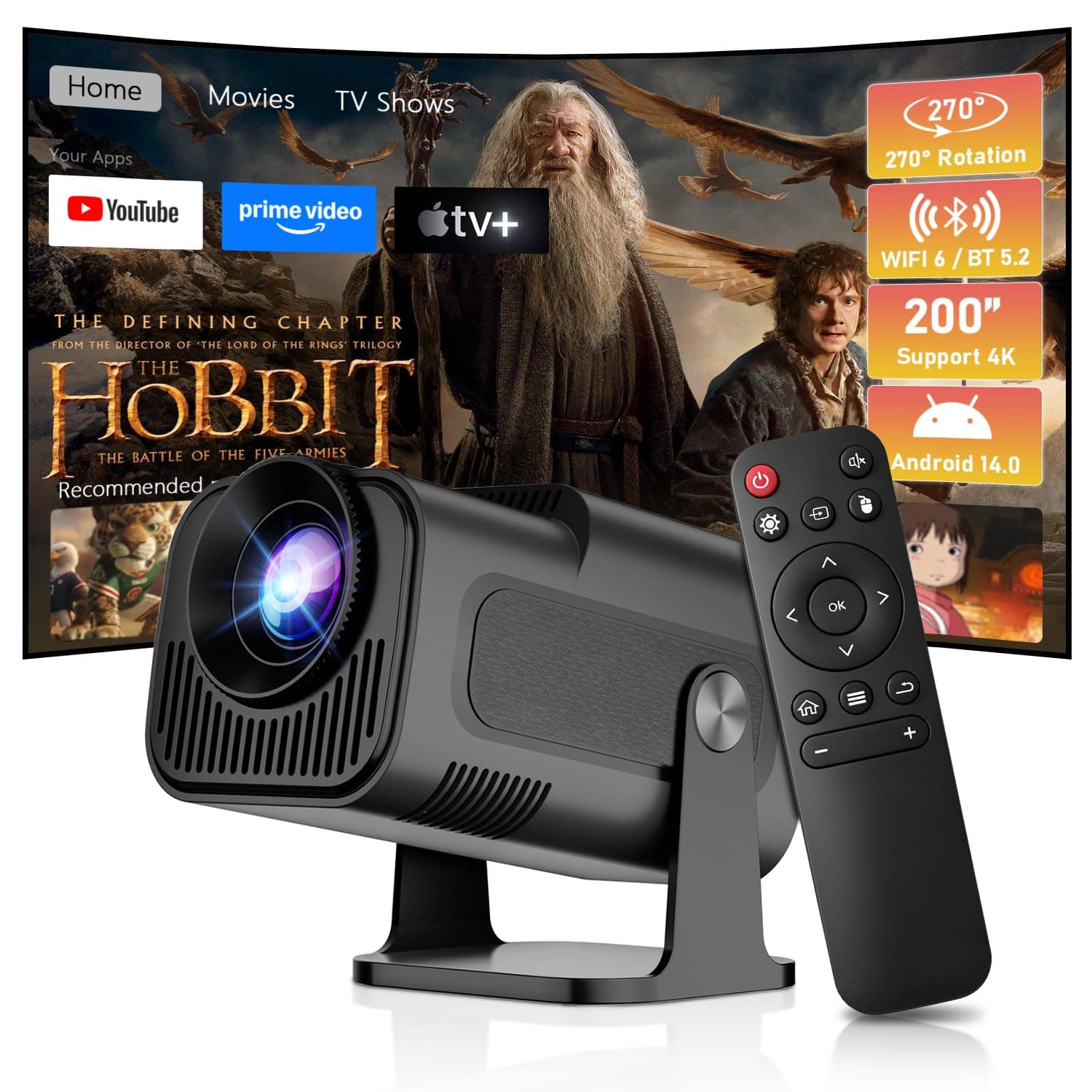 Salange Home Smart Mini Projector,Android 14 with Built-in Apps,HY320 Mini | 4K HD1080P Support,Wi-Fi 6 Bluetooth 5.4,Auto Keystone,Short Throw,270° Rotation,Portable Outdoor Proyector,Black