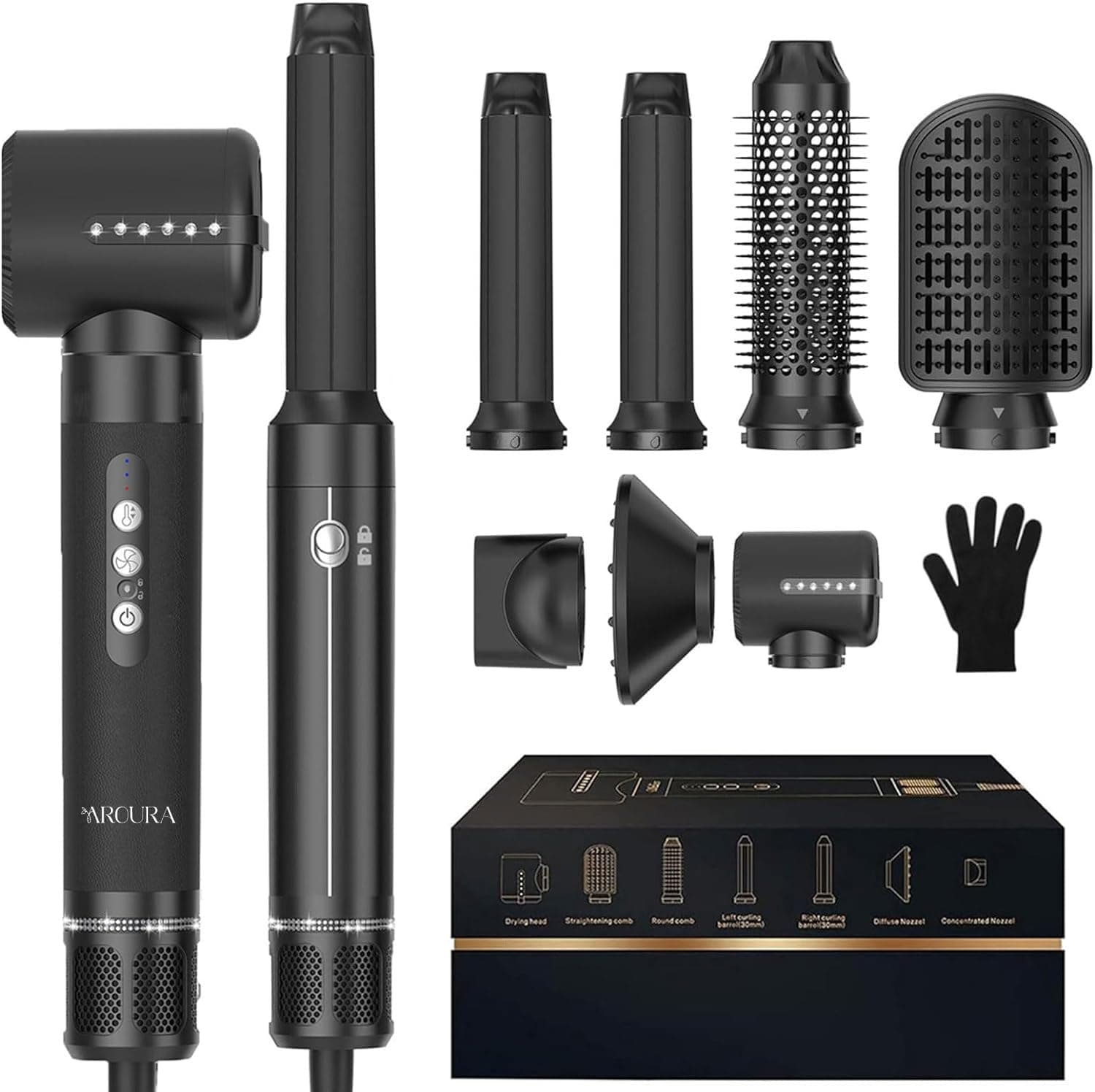 اورورا فرشاة مجفف شعر عالية السرعة 7 في 1: ضمان لمدة عام، محرك 110000 دورة في الدقيقة، تقنية أيونية، طاقة 1400 واط، 3 درجات حرارة و3 سرعات - فرشاة هوائية