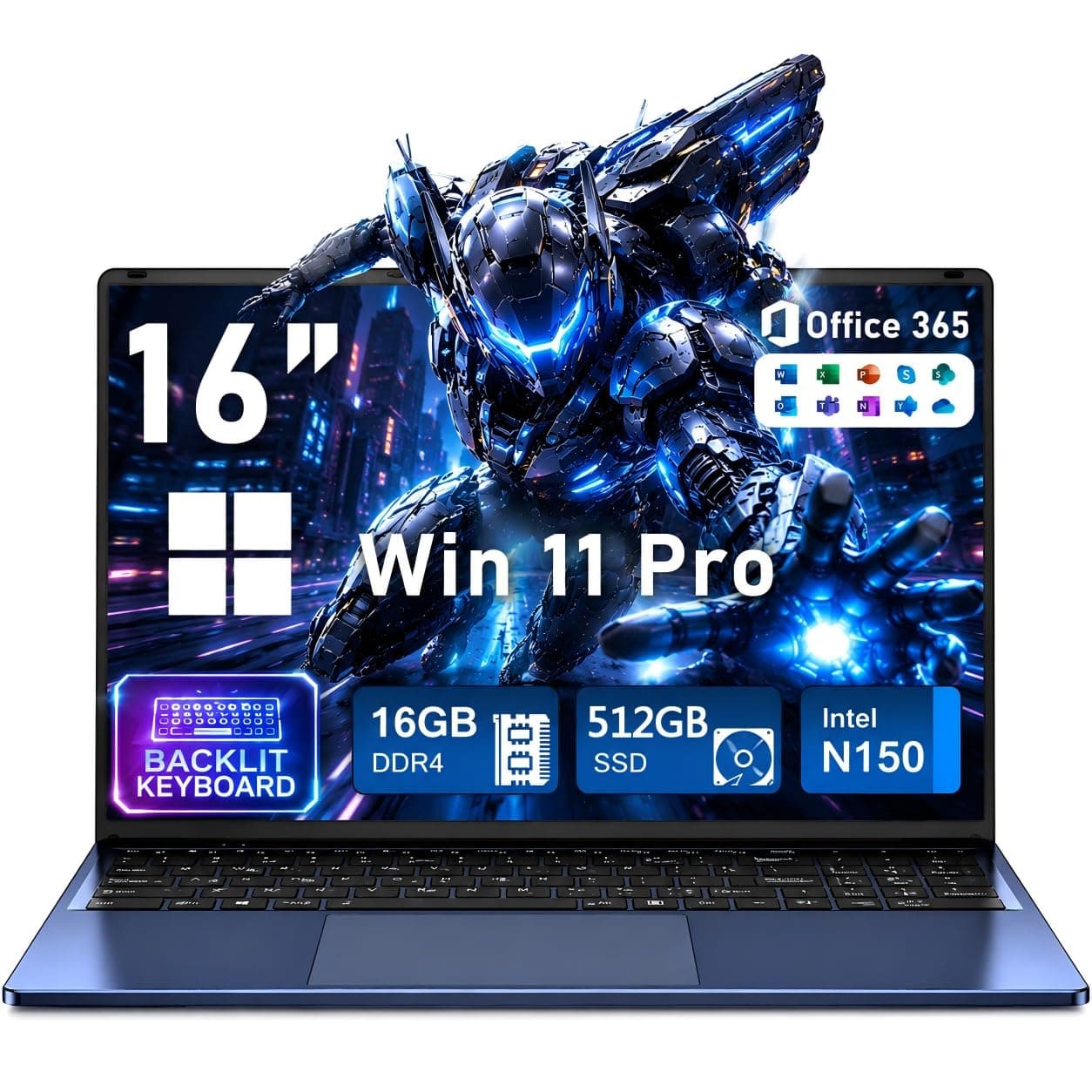 NIAKUN 16 Inch 16GB RAM 512GB SSD | N150 Processor | FHD 1920 * 1200 | 180 Angle Open | Backlit Keyboard | Windows 11 Pro | Fingerprint Unlock | UHD Graphics 750 MHz