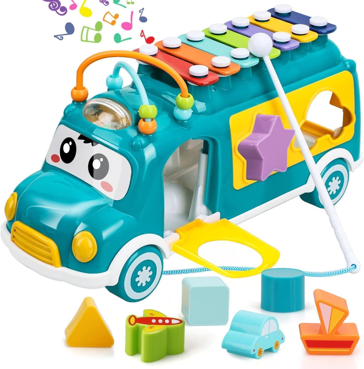 Baybee Baby Multi-Functional Musical Bus Toy for Kids with Xylophone, Shape Sorter, Counting Beads & Rollers | Push Pull Along Learning Toy for Toddlers Boys Girls