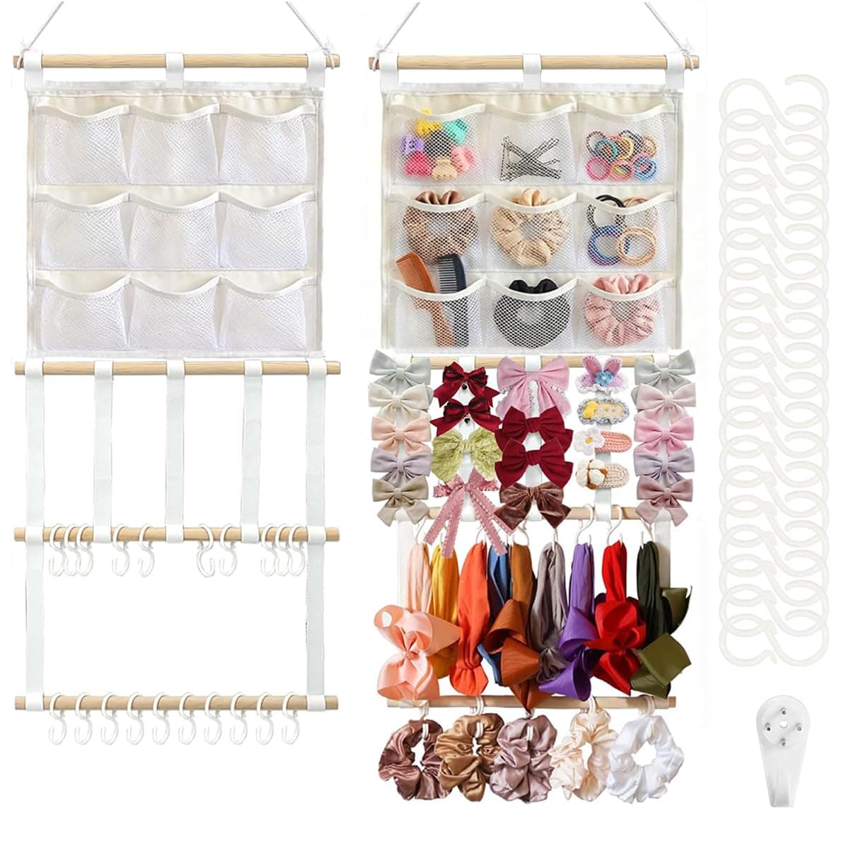 HASTHIP® Hanging Hair Accessory Organizer, Wall-Mounted Multi-Compartment Storage with Mesh Pockets, Wooden Clip Bars and Headband Holder, Display Rack for Hair Ties, Clips, Scrunchies and Bows