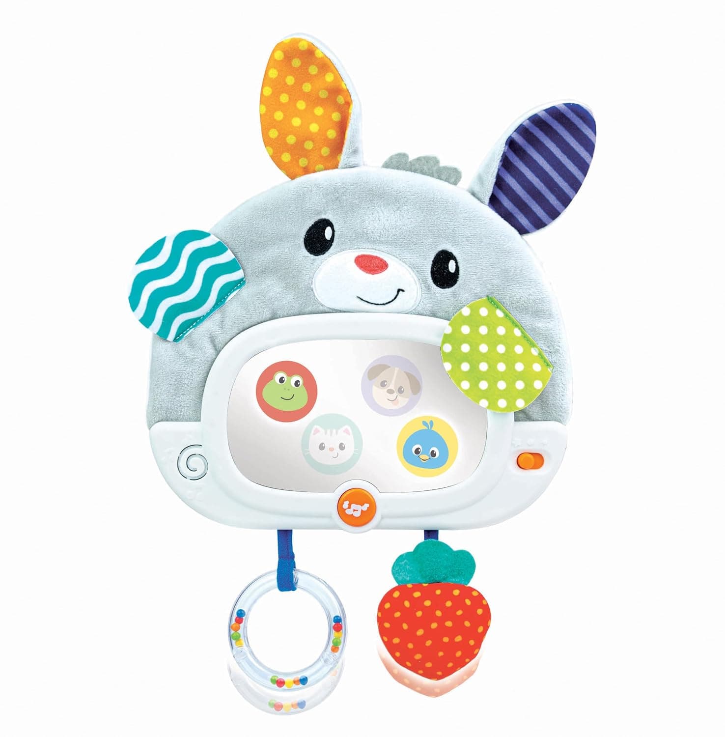 winfun Day 'N Night Bunny Baby Mirror with Light-Up Effects 2 Play Modes, Interactive Pull-Down Rattle Ring, and Tummy Time Stand Baby Sensory Toy for Crib or Stroller, Unisex