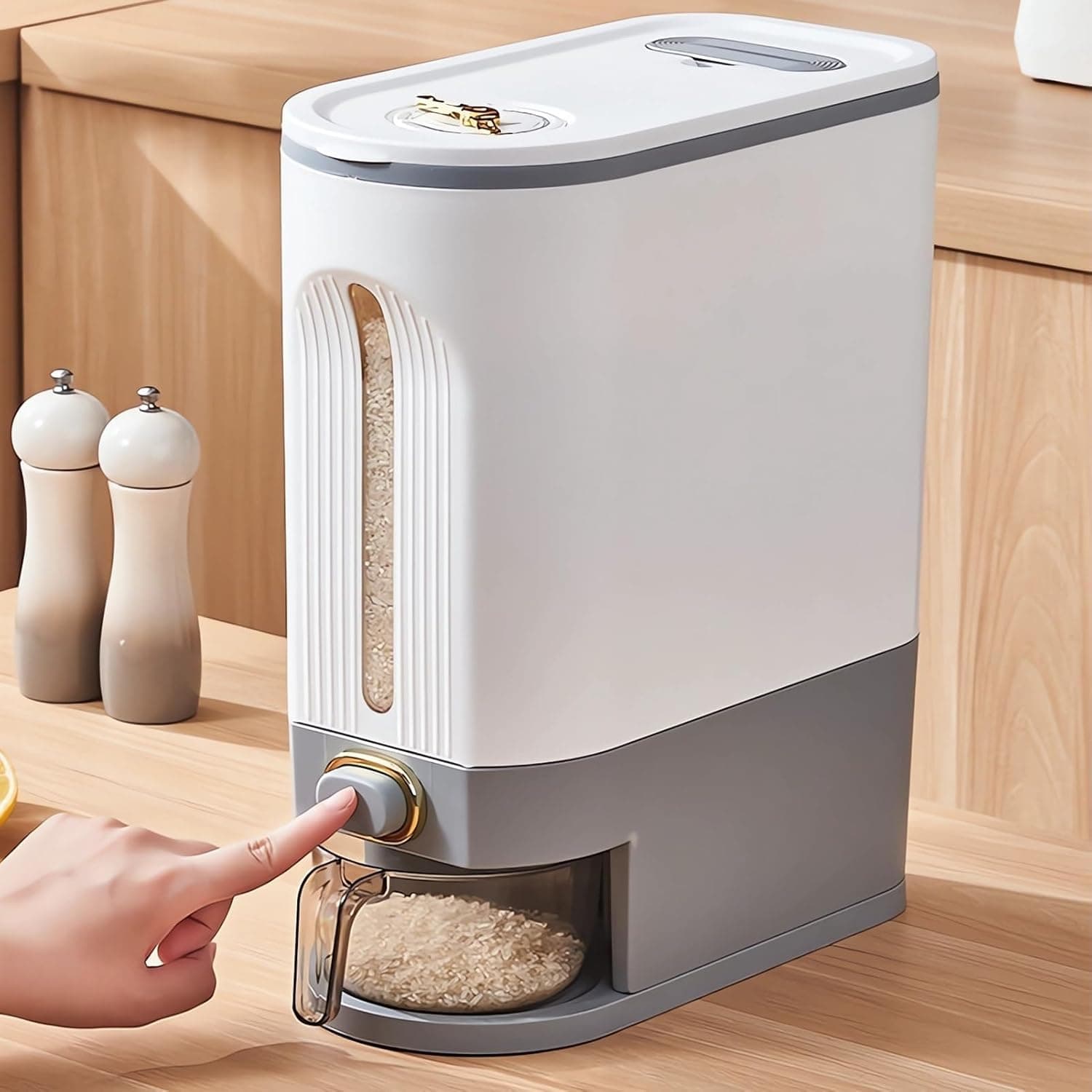 ALMEKAQUZ 22 Lbs Rice Dispenser, Large Grain Container Storage with Lid Measuring Tank, Moisture Resistant Household Grain Dispenser for Kitchen Soybean Corn (White + Gray)