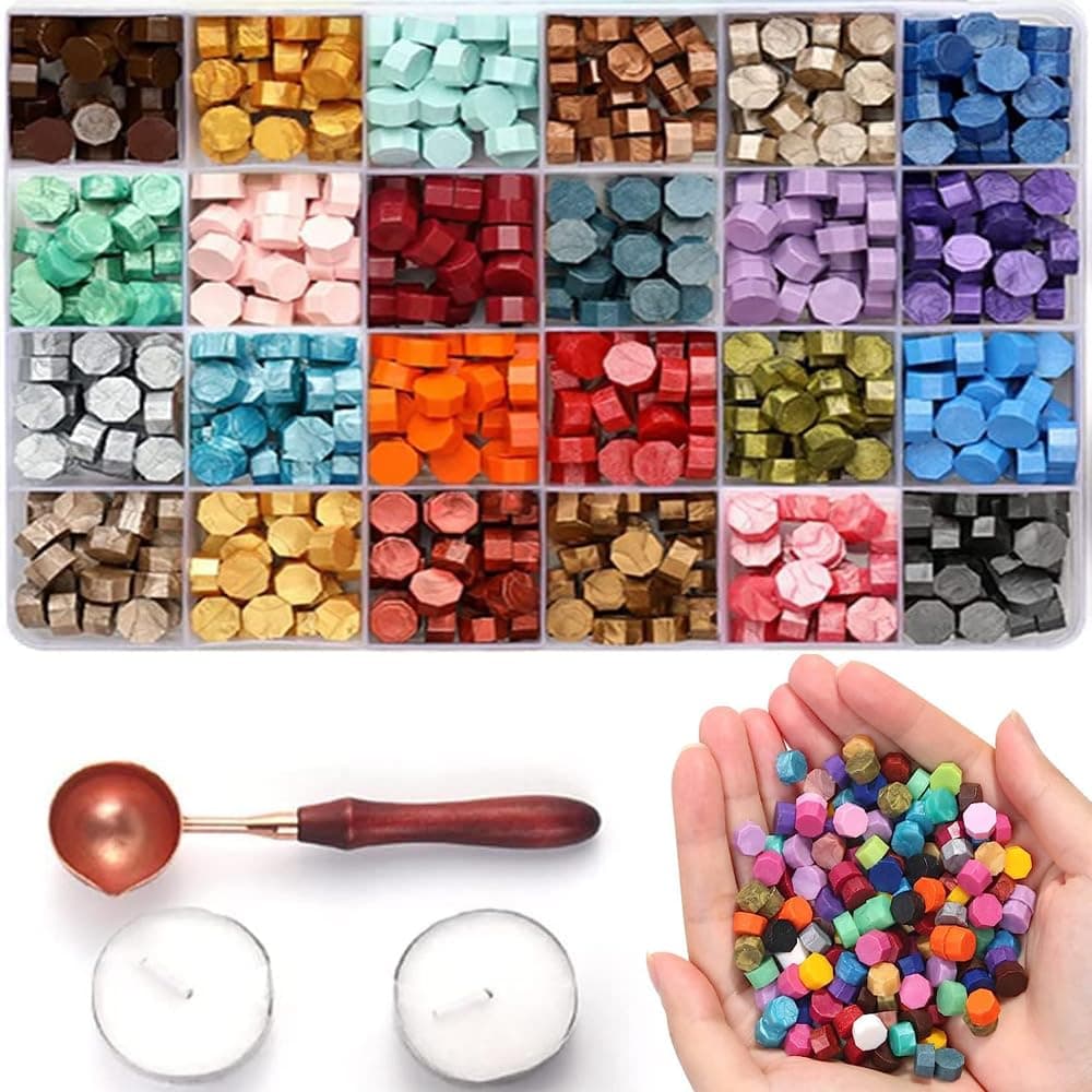 DMG TECH Wax Seal Kit with Stamp, 600PCS 24 Colors Sealing Wax Beads, Vintage DIY Wax Melting Set with Storage Box, Spoon & Candle for Wedding Invitations, Letters, Gifts & Crafts