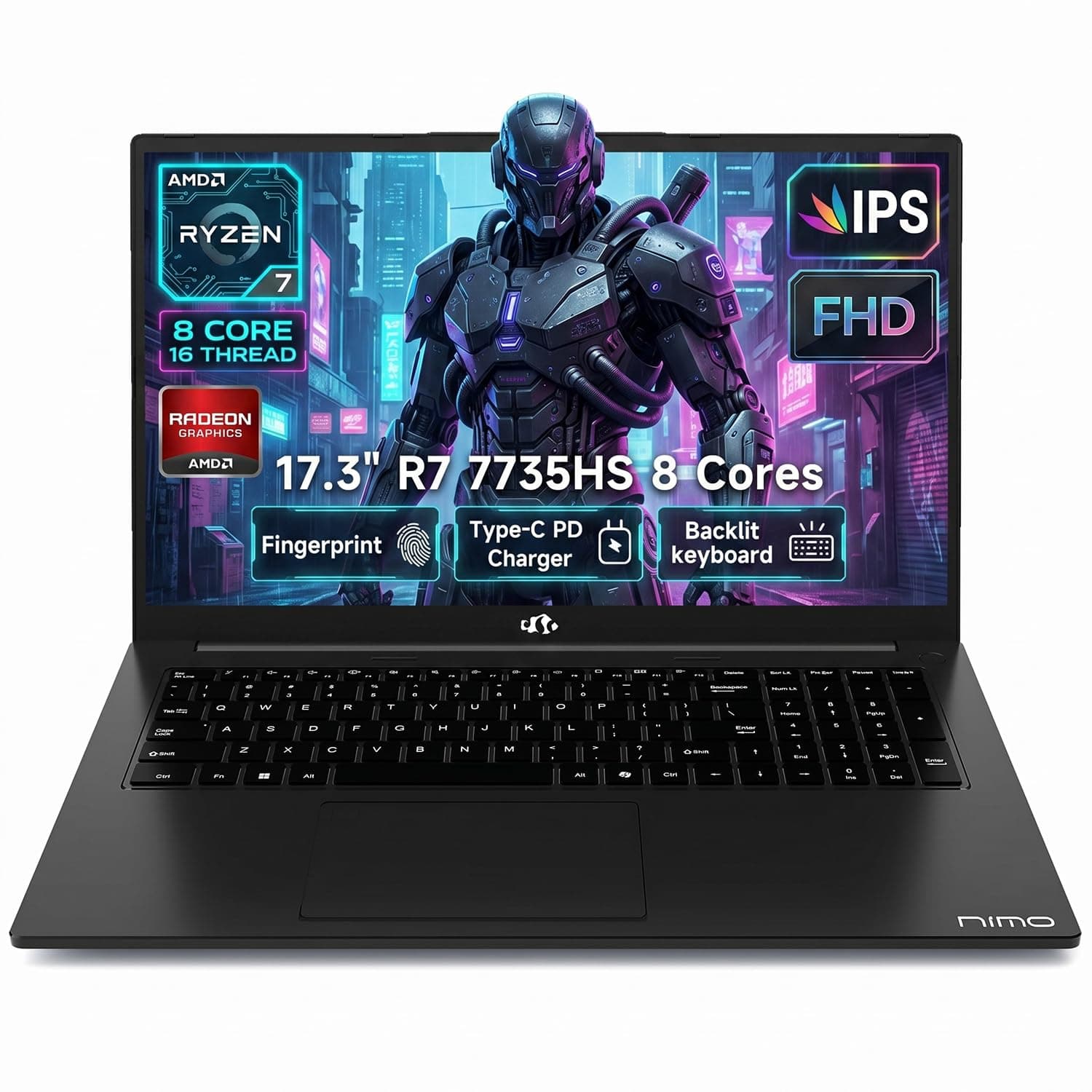 NIMO Gaming Laptop, 17.3" FHD Display, Ryzen 7 7735HS (8C/16T, Up to 4.75GHz) Computer, 16GB DDR5 512GB NVMe SSD, Radeon 680M Graphics, Backlit Keyboard, Fingerprint Unlock, PD 100W Type-C