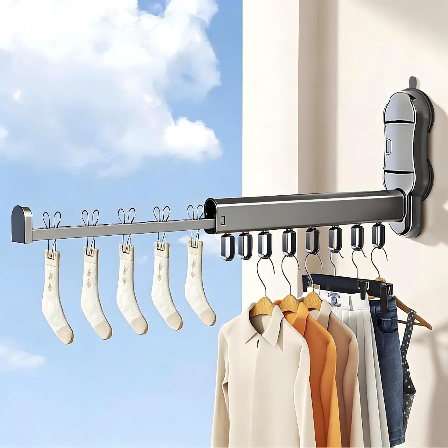 Hanger Organizer Stacker,Clothes Airer Clothes Drying Rack Wall-Mounted,ABS Aluminum Alloy 90°Up Foldable Laundry Rack,No-Drill Dual Suction Cup Laundry Organizer with Extendable Rod for Towels,Socks