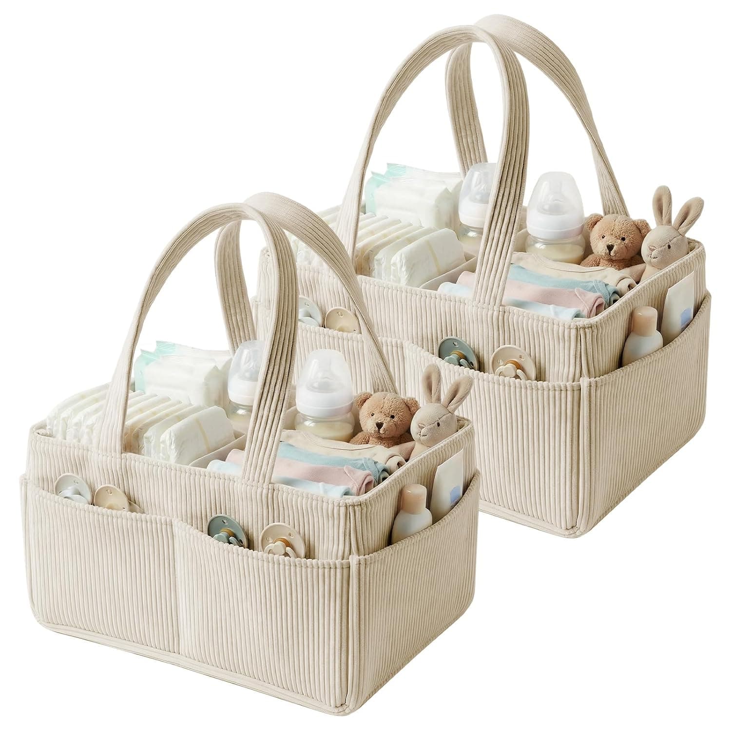 Baby Nappy Caddy Organiser, Corduroy Nursery Storage Basket Portable Baby Caddy with Handle and Pockets, Foldable Nappy Storage for Nappies Bottles, Newborn Essentials Nursery Shower Gifts (2Beige)