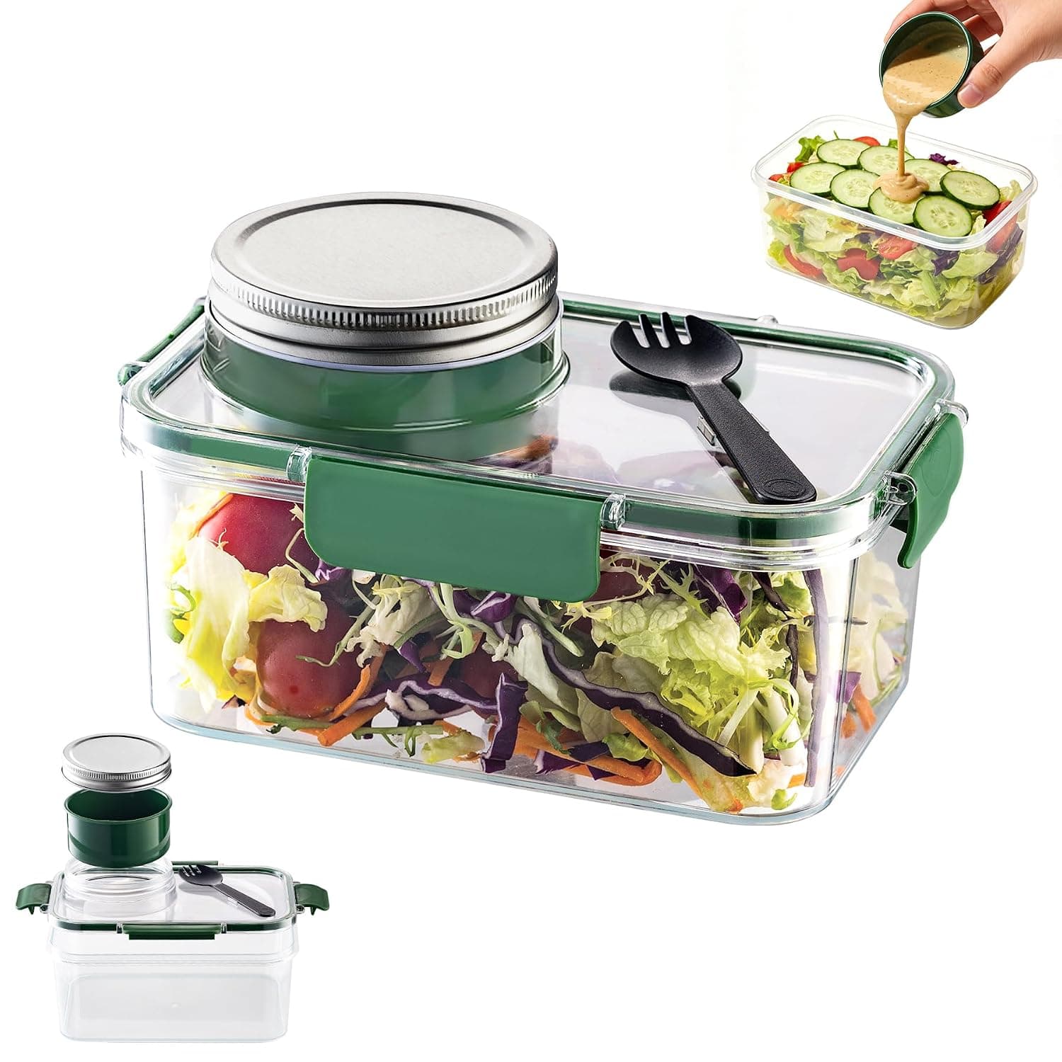 ALMEKAQUZ Salad Container with Dressing Cup - Leakproof Food Storage Containers with Lids and Fork, Large Fruit Salad Storage Convenient Meal Prep Containers for Office, Home and Kitchen Camping Use