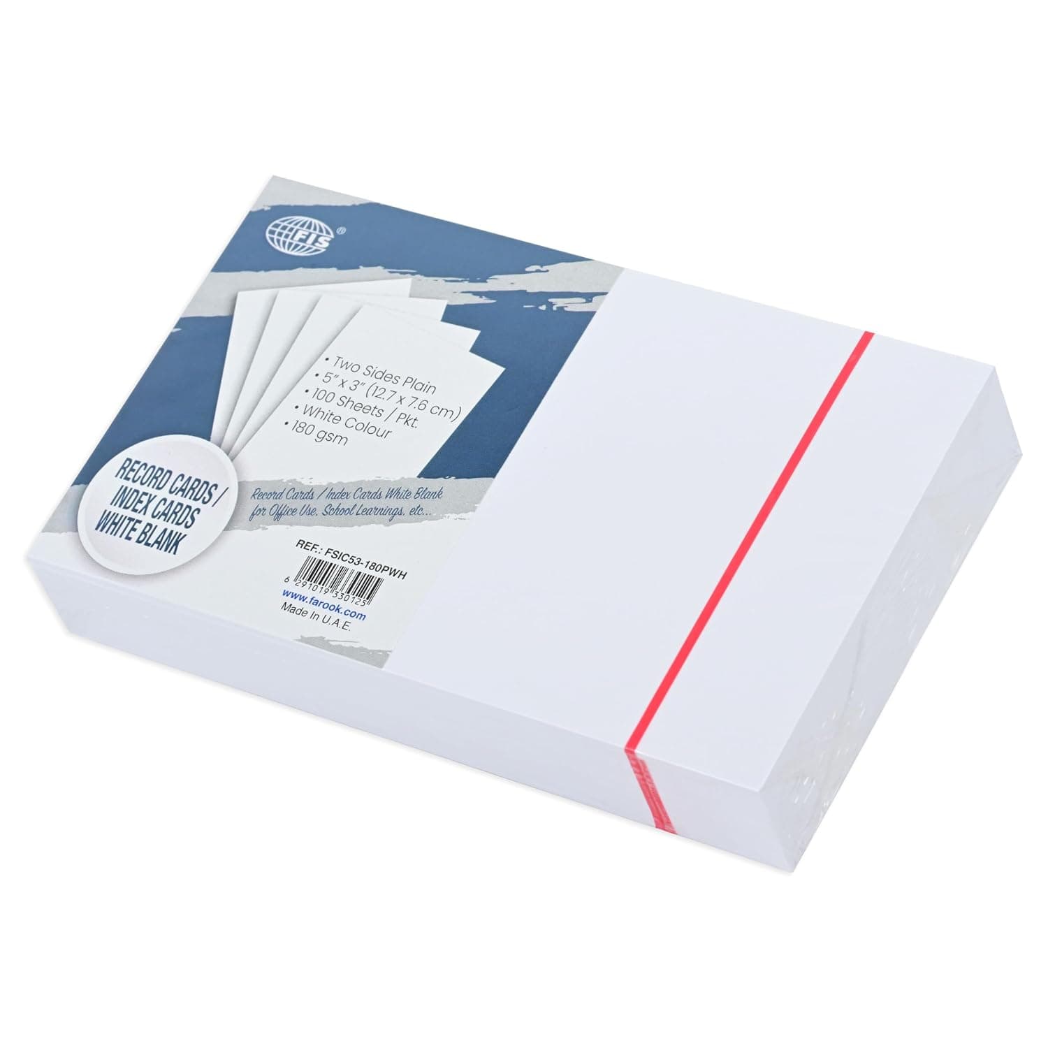FIS Record/Index Cards, 2 Side Plain, Size 5X3"(12.7x7.62cm) 180gsm, 100 Sheets, Color White-FSIC53-180PWH