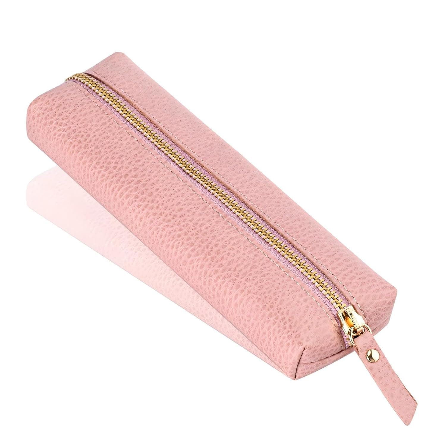 Bukela Genuine Leather Pencil Case with Zipper, Portable Pink Pen Pouch for Office & School, Slim Minimalist Organizer for Adults