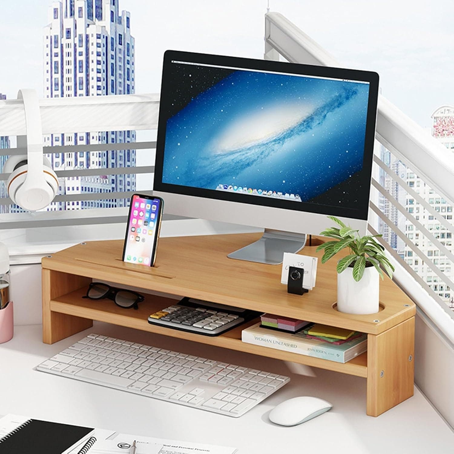 Corner Monitor Stand Triangular Desk Riser with 2-Tier Storage Natural Wood Desktop for Efficient Workspace Management