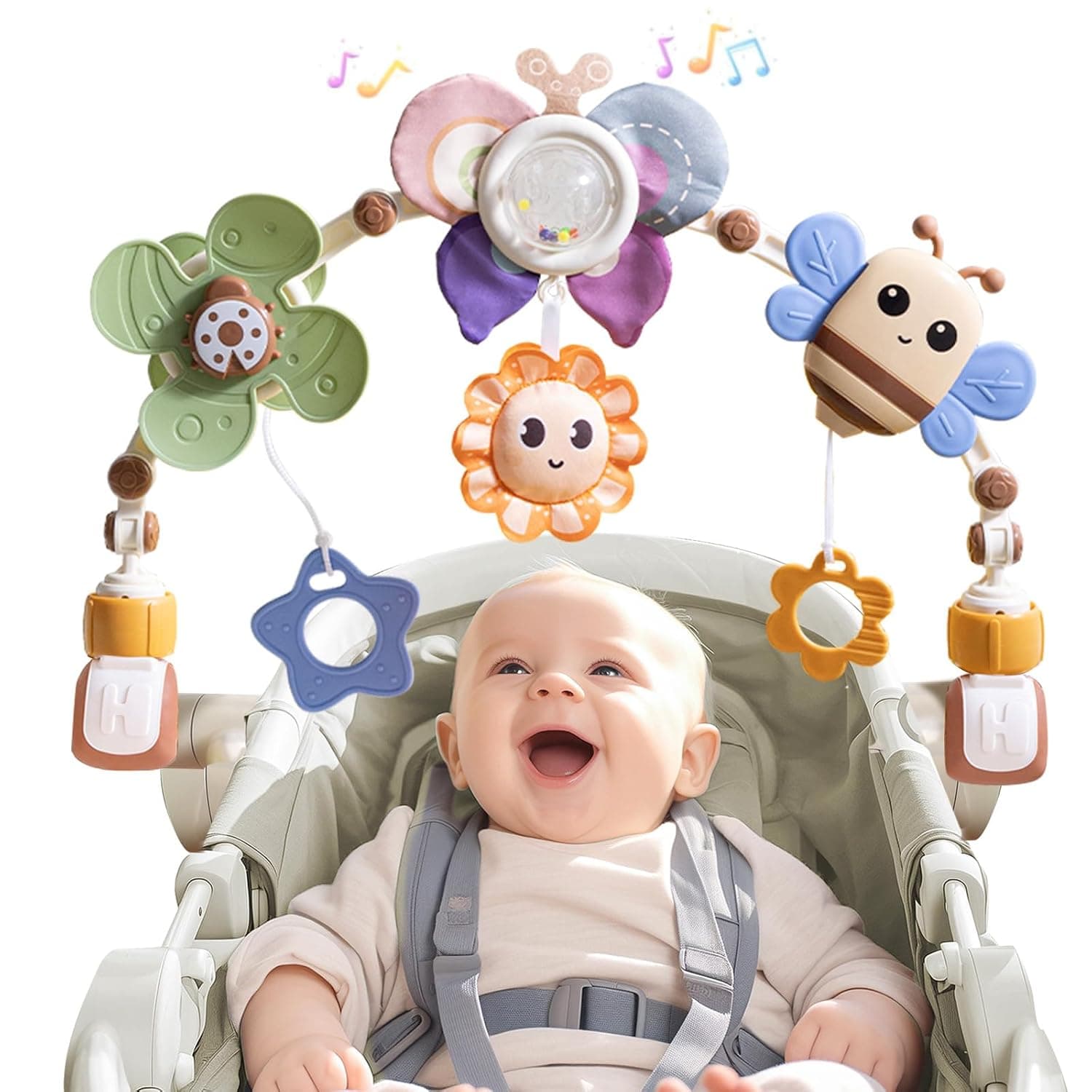 Adjustable Baby Stroller Arch Toys - Car Seat Toys Play Arch Crib Bassinet Toys Activity Arch with Fascinating Toys for Stimulating Baby’s Senses Developing Motor Skills Infants Toddlers Gifts