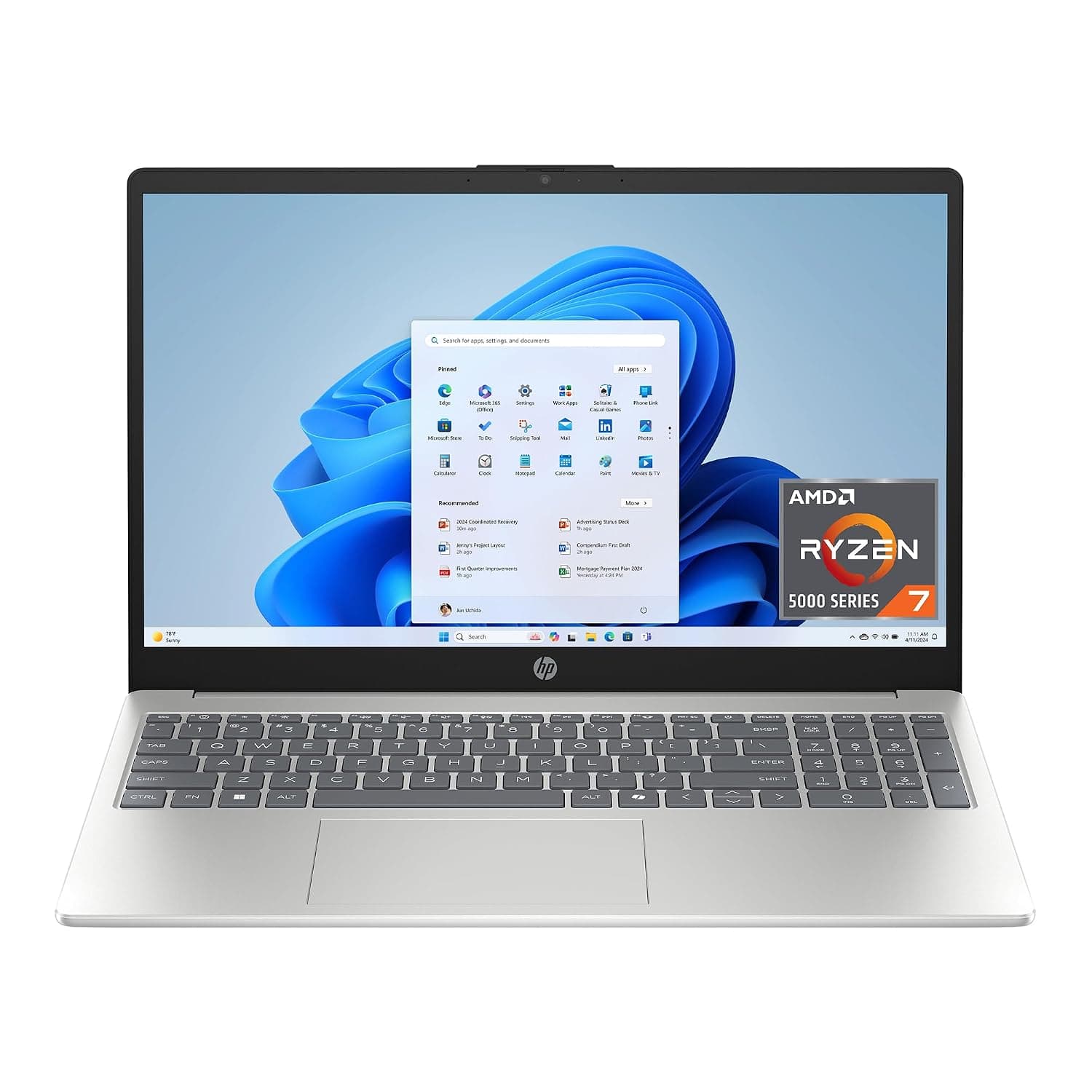 HP 15.6 inch Laptop, FHD Display, AMD Ryzen 7 5825U, 8 GB RAM, 512 GB SSD, AMD Radeon Graphics, Windows 11 Home, Natural Silver, 15-fc0502nr