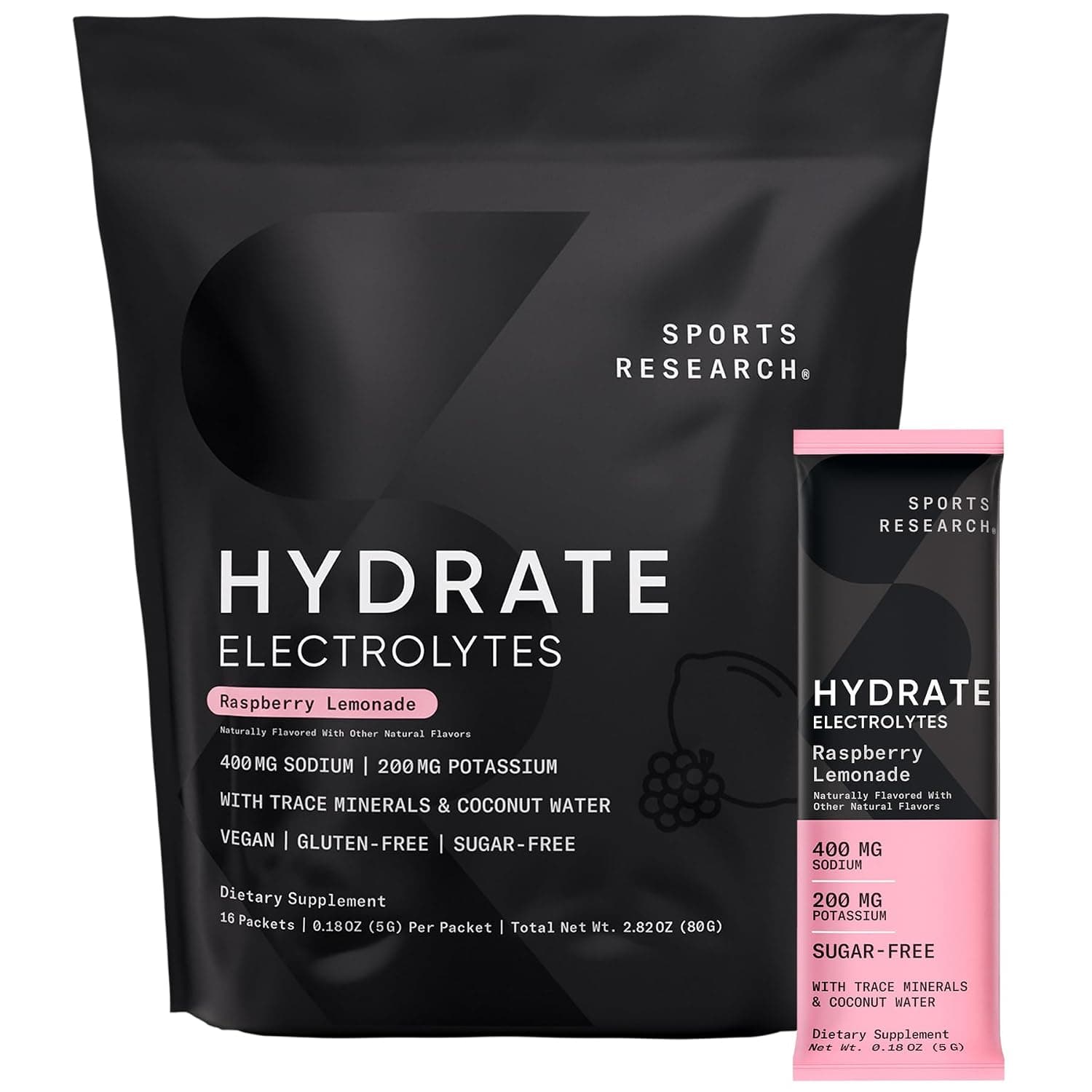 Sports Research Hydrated Electrolyte Powder Packets - Sugar Free & Naturally Flavored with Vitamins, Minerals & Coconut Water - Supports Hydration - 16 Packets - Lemonade D