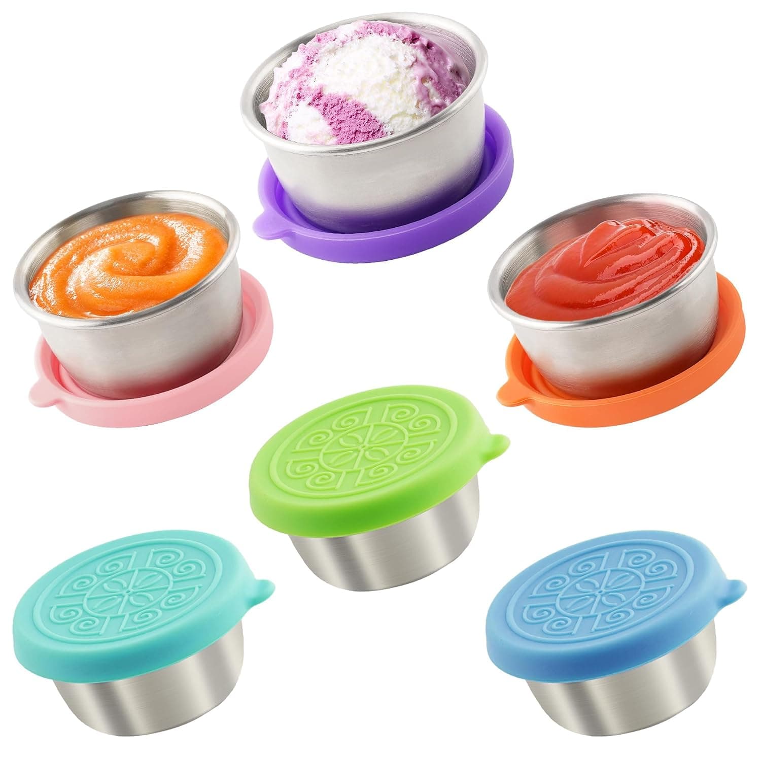 ALMEKAQUZ 6PCS Salad Dressing Container with Lid, Small Leak Proof Reusable Stainless Steel Salad Dressing Container for Lunch Boxes, Dressing Containers, Travel Meal Prep and Kitchen Storage
