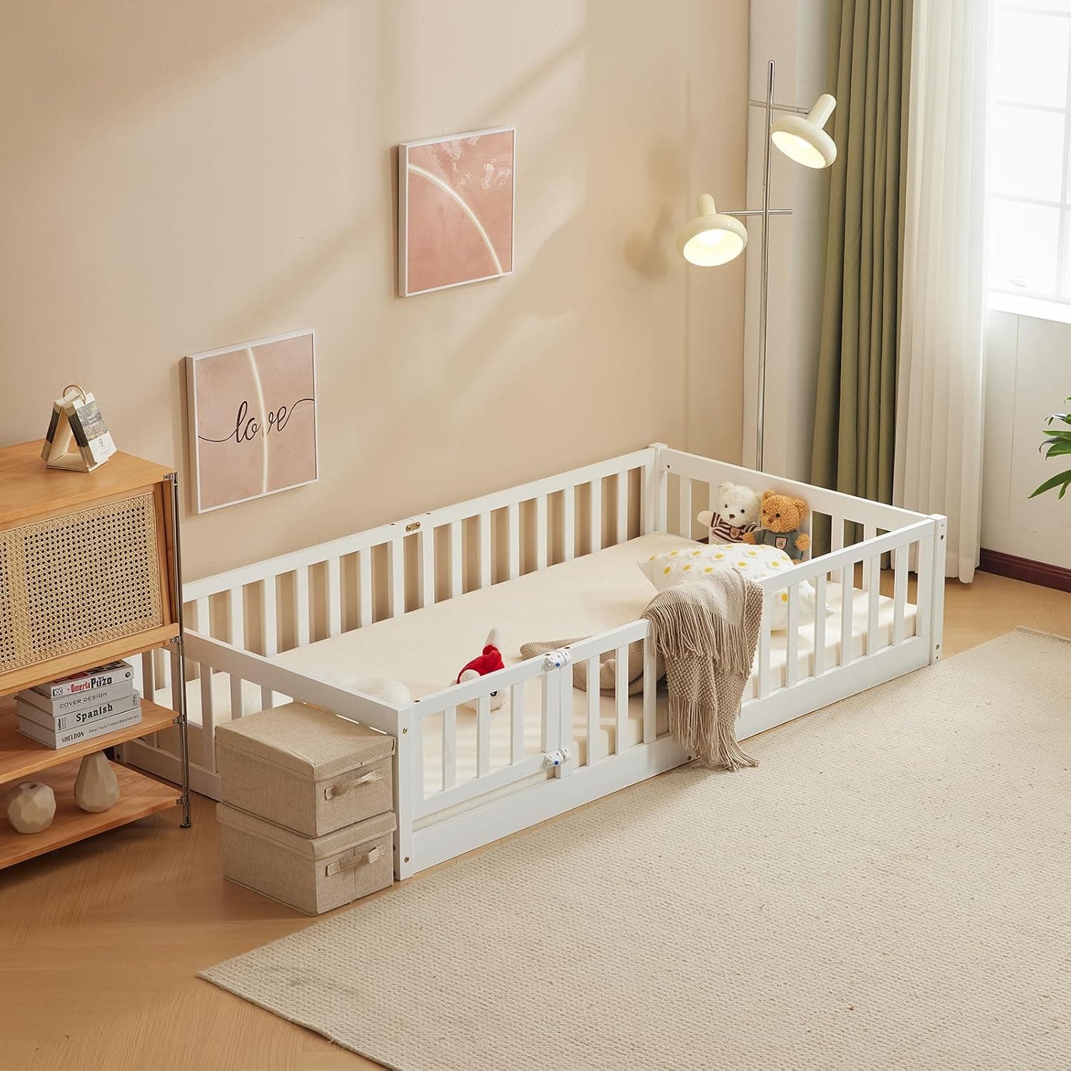 Karl home Toddler Floor Bed with Door and Fence for Kids, Montessori Bed with Safety Guardrails and 12 Slats,Kids Bed Solid Wood Twin Bed Frame for Girls, Boys (White)