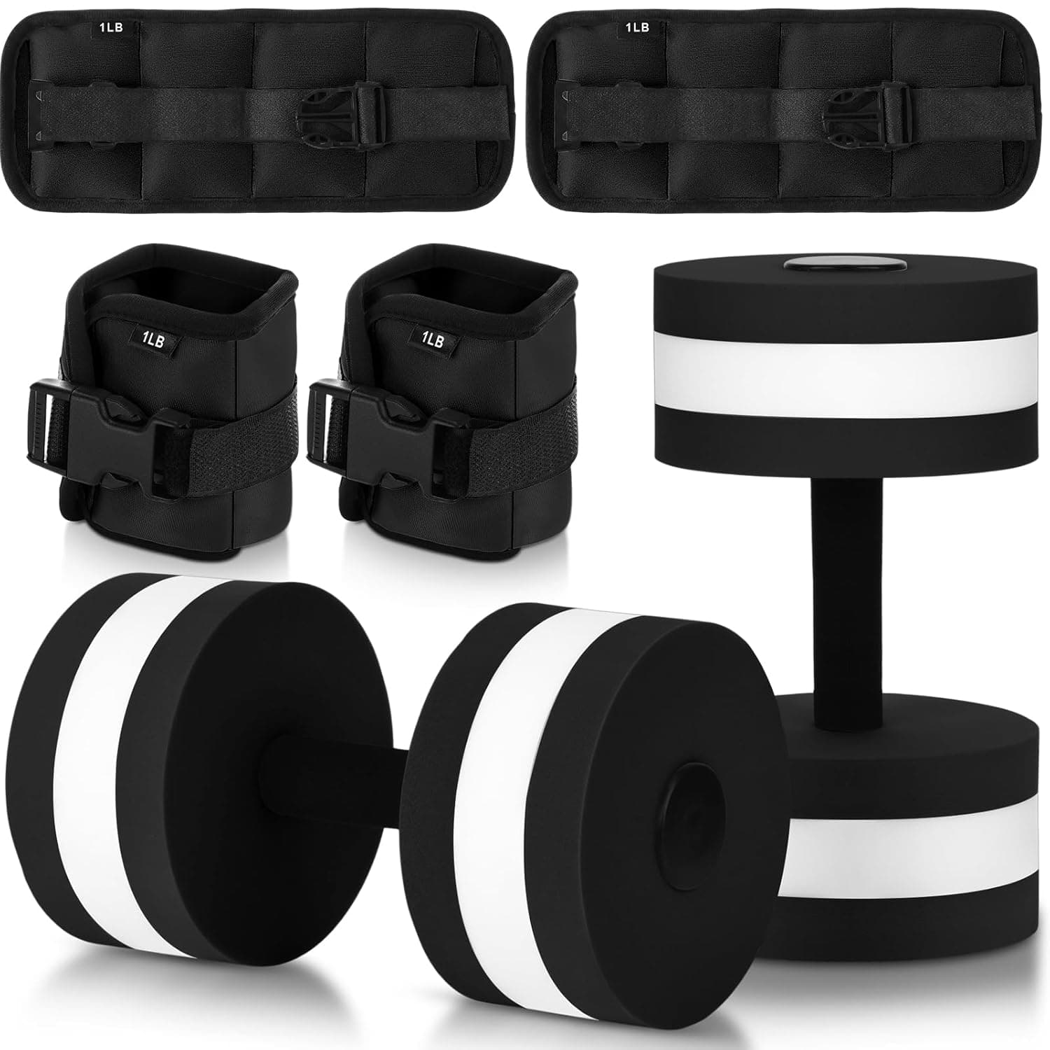 Hollowfly Water Aerobics Set, 4 Piece Pool Exercise Kit (2 Aquatic Dumbbells + 2 Ankle/wrist Weights), EVA Foam, Low-impact Workout