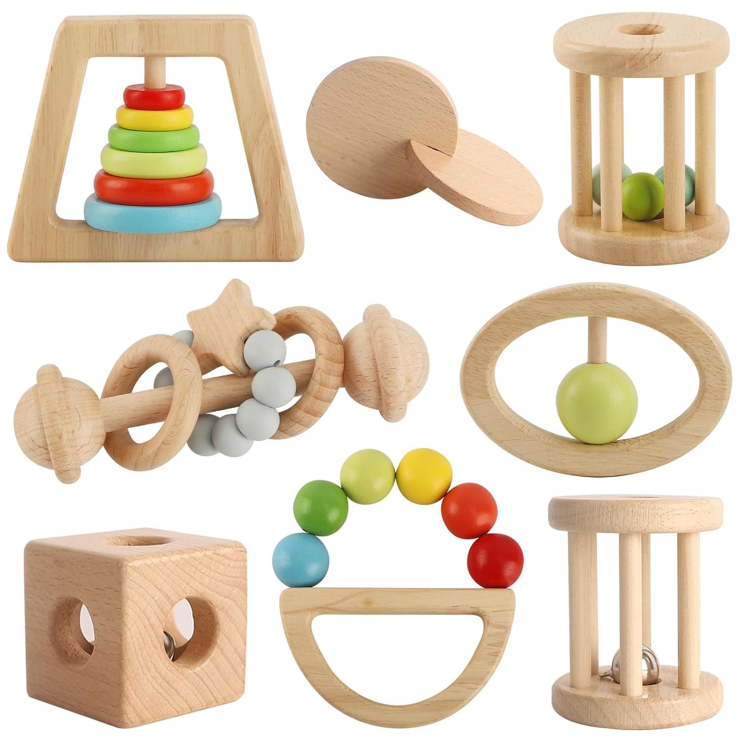 Wooden Baby Toys for 7-24 Months Babies, Wooden Montessori Grasp Toy, Natural Beech Wood Baby Grip Toy, Wooden Rattle Toy for Infant Grasping