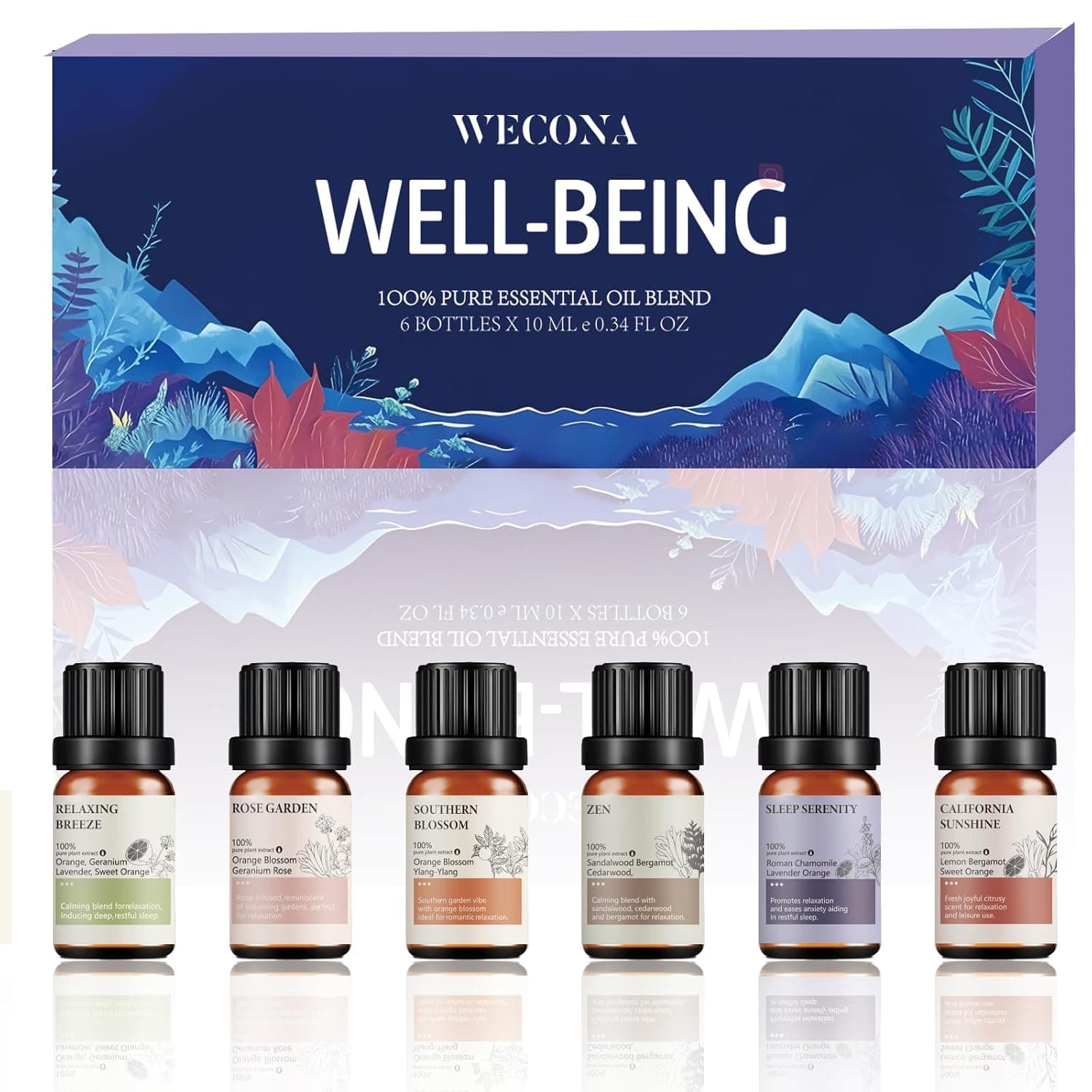WECONA Well-Being Essential Oils Set, 6 x 10 mL Diffuser Oils | Floral Citrus Woody Blends, Diffuser Oils, Candle Making, Soap DIY, 6 Pack