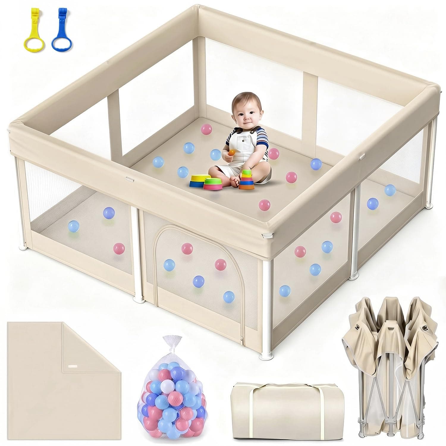 Foldable Baby Playpen with Mat, Foldable Playpen for Babies and Toddlers, Indoor & Outdoor Kids Safety PlayPen, Portable Play Yard with 50 Ocean Balls (Khaki, 125 * 125cm)