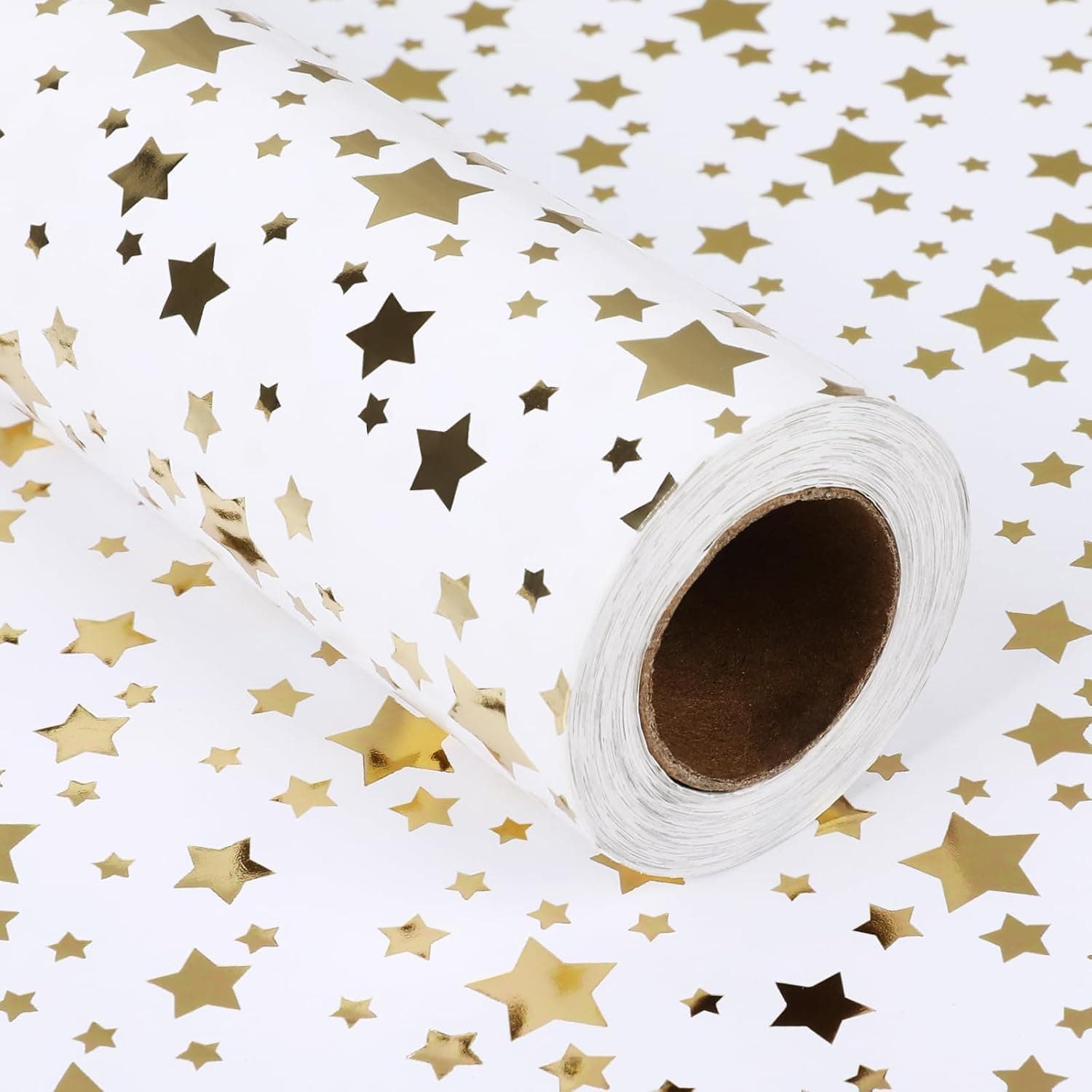 Christmas Wrapping Paper Roll, Gold Foil Star Design, White & Gold Gift Wrap for Christmas, Wedding, Birthday, Party & Baby Shower