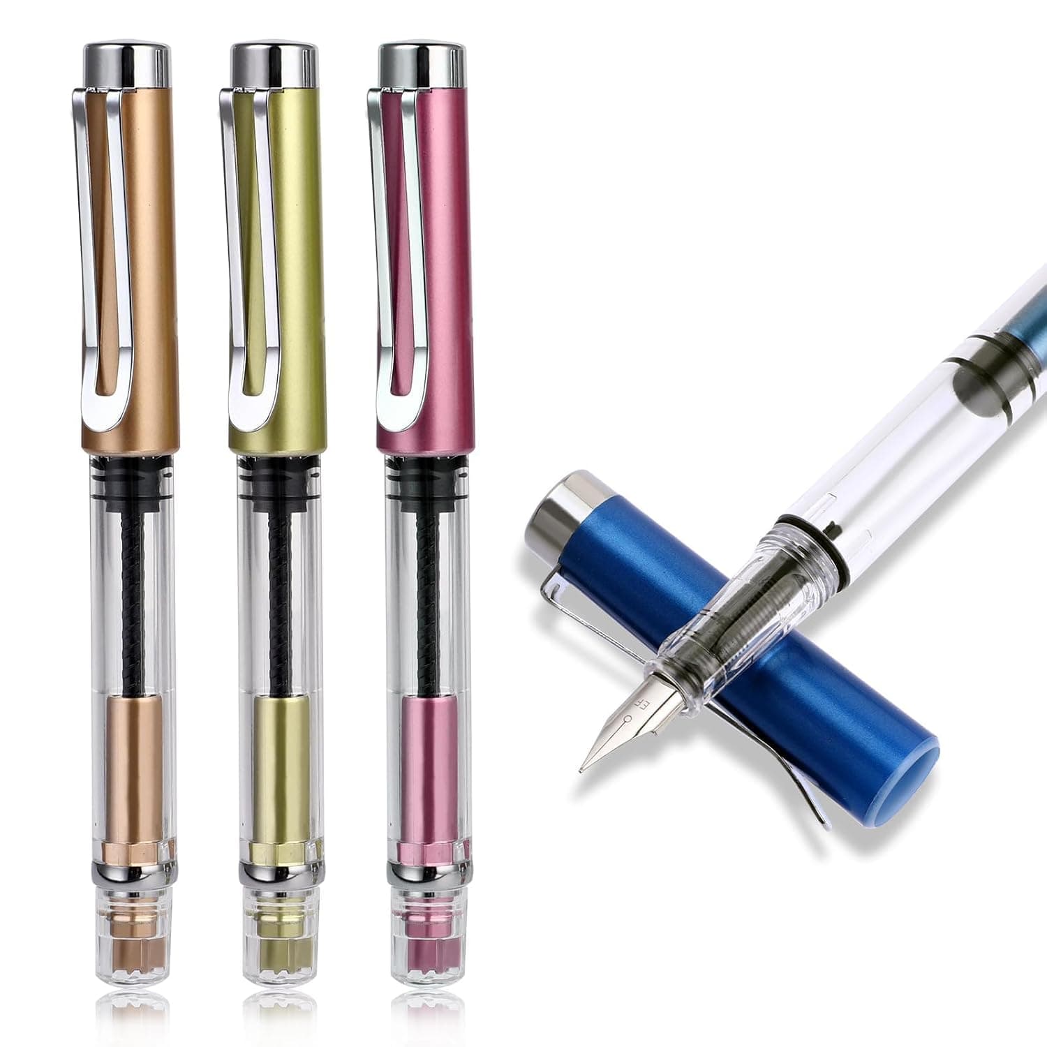 Joyzzz Refillable Fountain Pen, 4 PCS Transparent Calligraphy Pens, Piston Filling Extra Fine Nib, Large Ink Capacity Writing Tools, Professional Stationery for Journaling and School Drawing