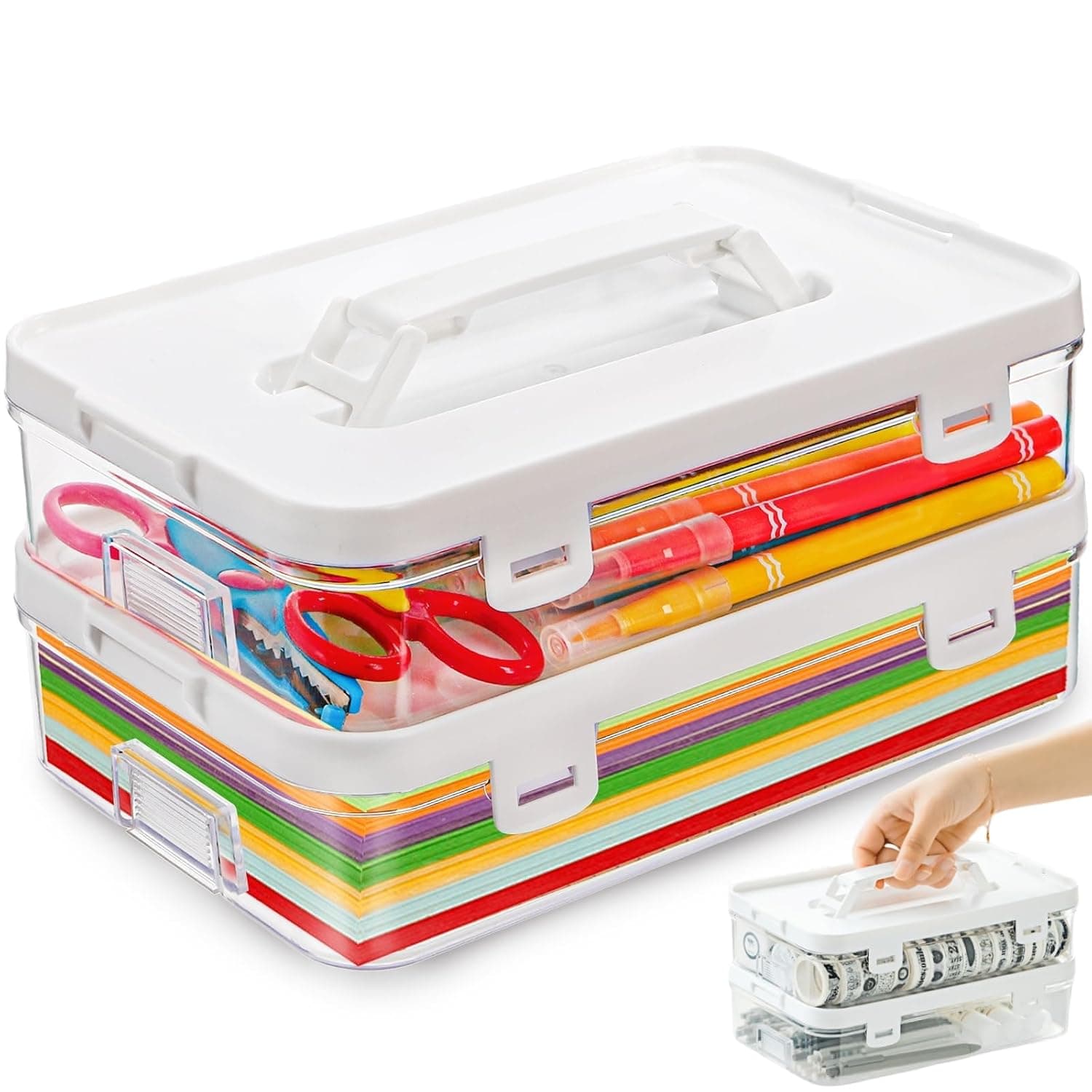 2 Pack Plastic Storage Containers with Lid, Stack & Carry Craft Box with Handle, Multipurpose Office Supplies Organizers, Potable Pencil Storage Bin for Stationery, Crayons, Sewing, Makeup
