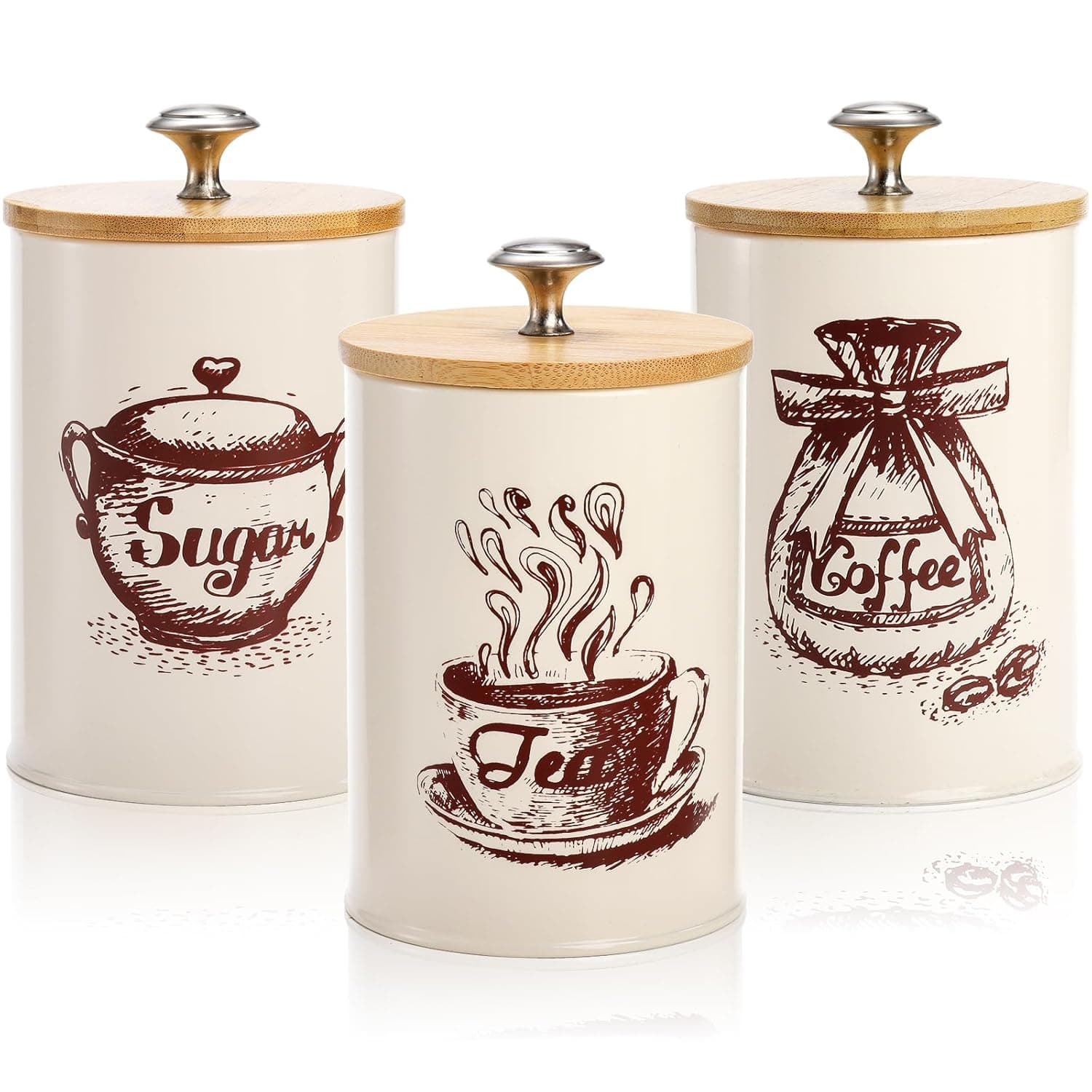 Youeon Canister Sets for Kitchen Counter, Coffee Sugar Tea Canister Set, Metal Vintage Kitchen Containers 3 Pack, Food Storage Containers with Bamboo Lid, Farmhouse Decor, Beige