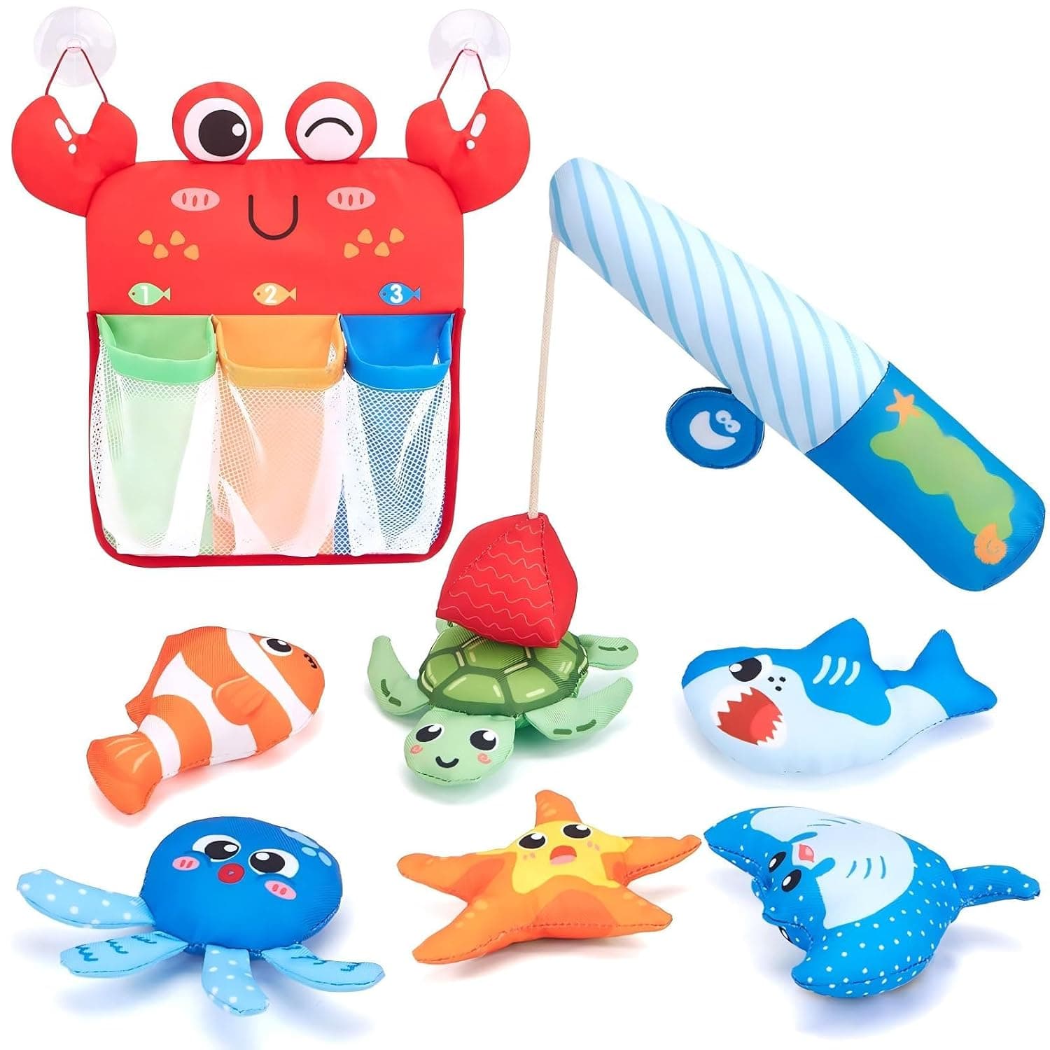 Magnetic Fishing Toy Set for Toddlers Ages 1-3 for Bathtub and Shower Play, Soft Floating Educational Water Toys with Color Sorting Mesh Bag for Motor Skills