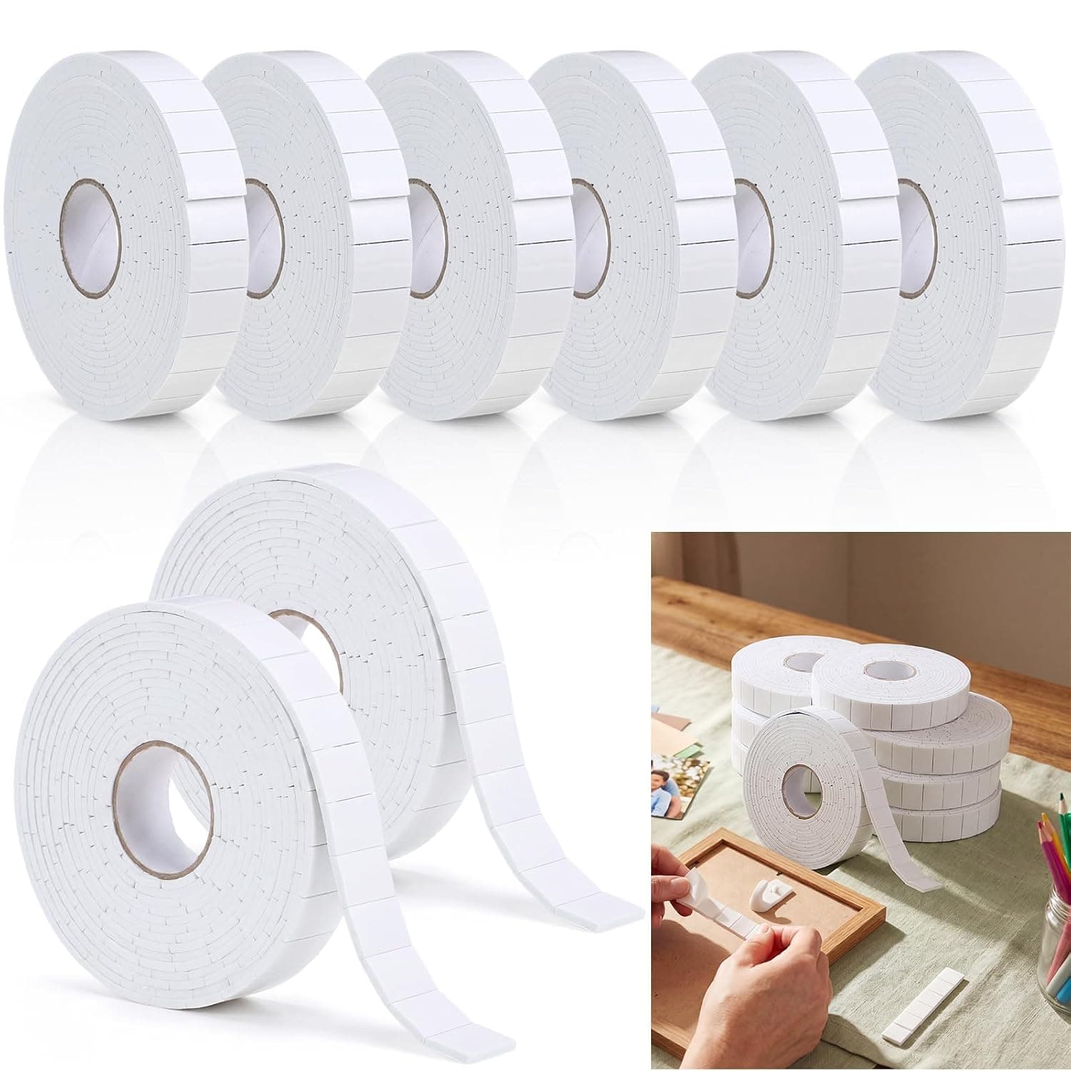 Double Sided Foam Tape, 2 Rolls 3 m Each with Approx 330 Precut Foam Adhesive Squares, 3D Mounting Tape Pads for Crafts, DIY Decor, Office Repairs, Smooth Surfaces