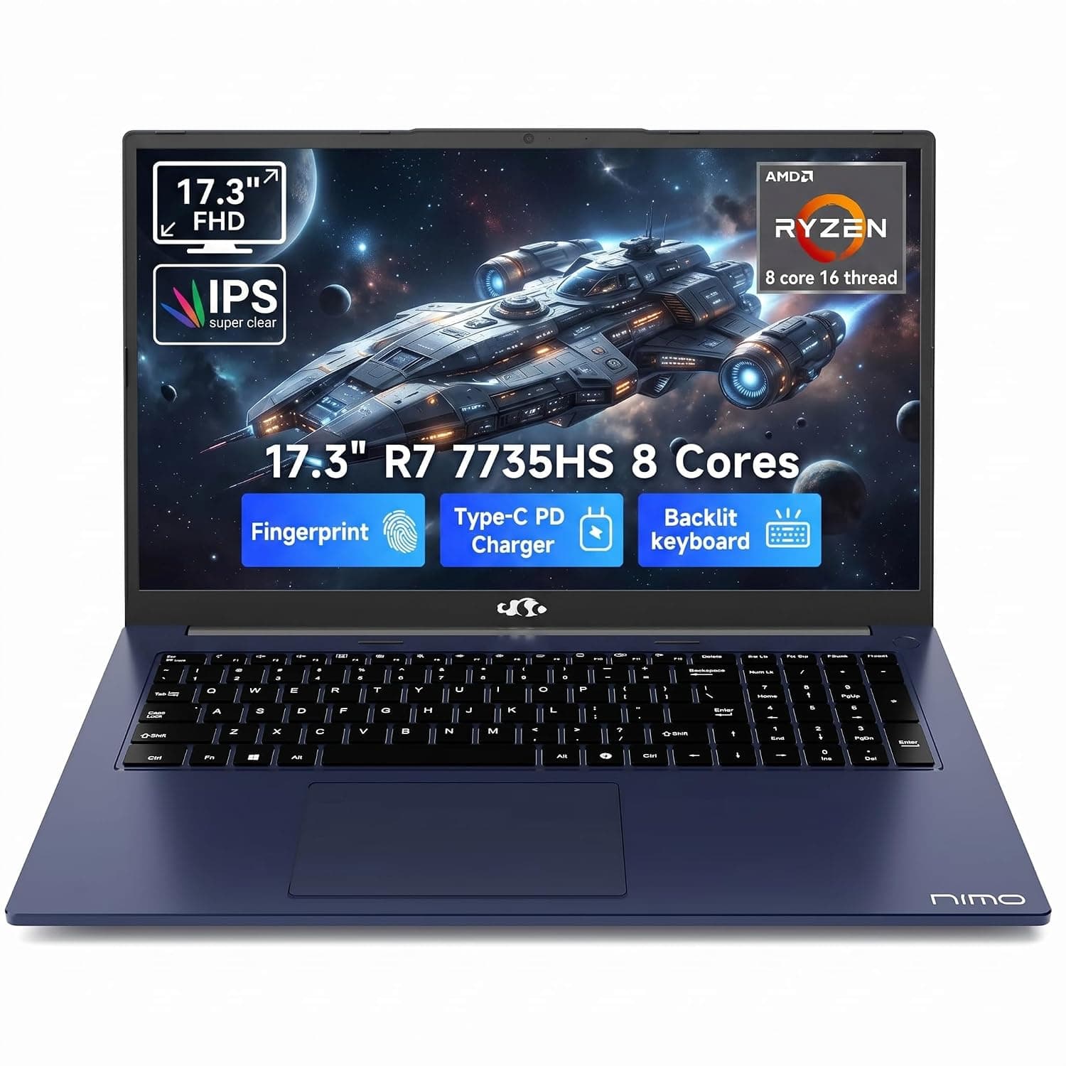 NIMO Gaming Laptop, 17.3" FHD Display, Ryzen 7 7735HS (8C/16T, Up to 4.75GHz) Computer, 16GB DDR5 512GB NVMe SSD, Radeon 680M Graphics, Backlit Keyboard, Fingerprint Unlock, PD 100W Type-C